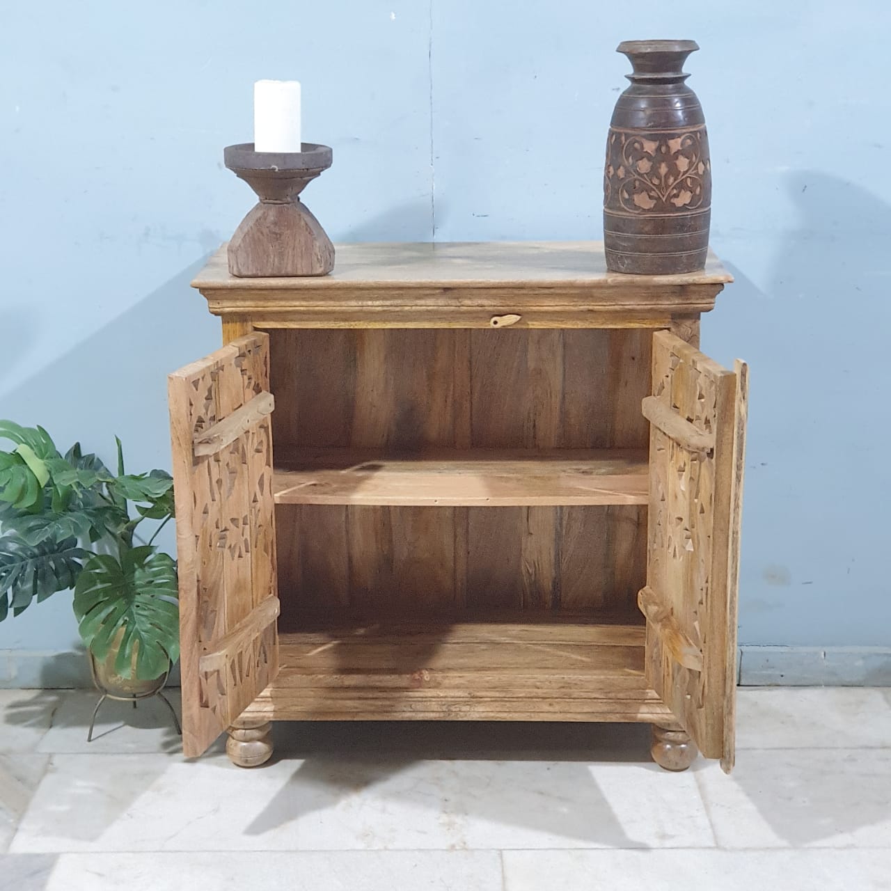 Handcrafted Elephant Carved Solid Wood Buffet Cabinet - 35.4x15.7x35.4 Inches Brown - Perfect for Dining Room Storage & Rustic Home Decor