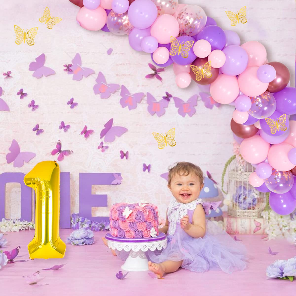 Cheereveal Butterfly 1st Birthday Party Decorations for Girls - Pastel Butterfly Balloon Garland Kit with Happy Birthday Backdrop & Wall Stickers - Fairy Garden Theme First Birthday Party Supplies for Baby Girls - Perfect for Indoor/Outdoor Birthday Celebrations, Baby Showers & Photo Backdrops