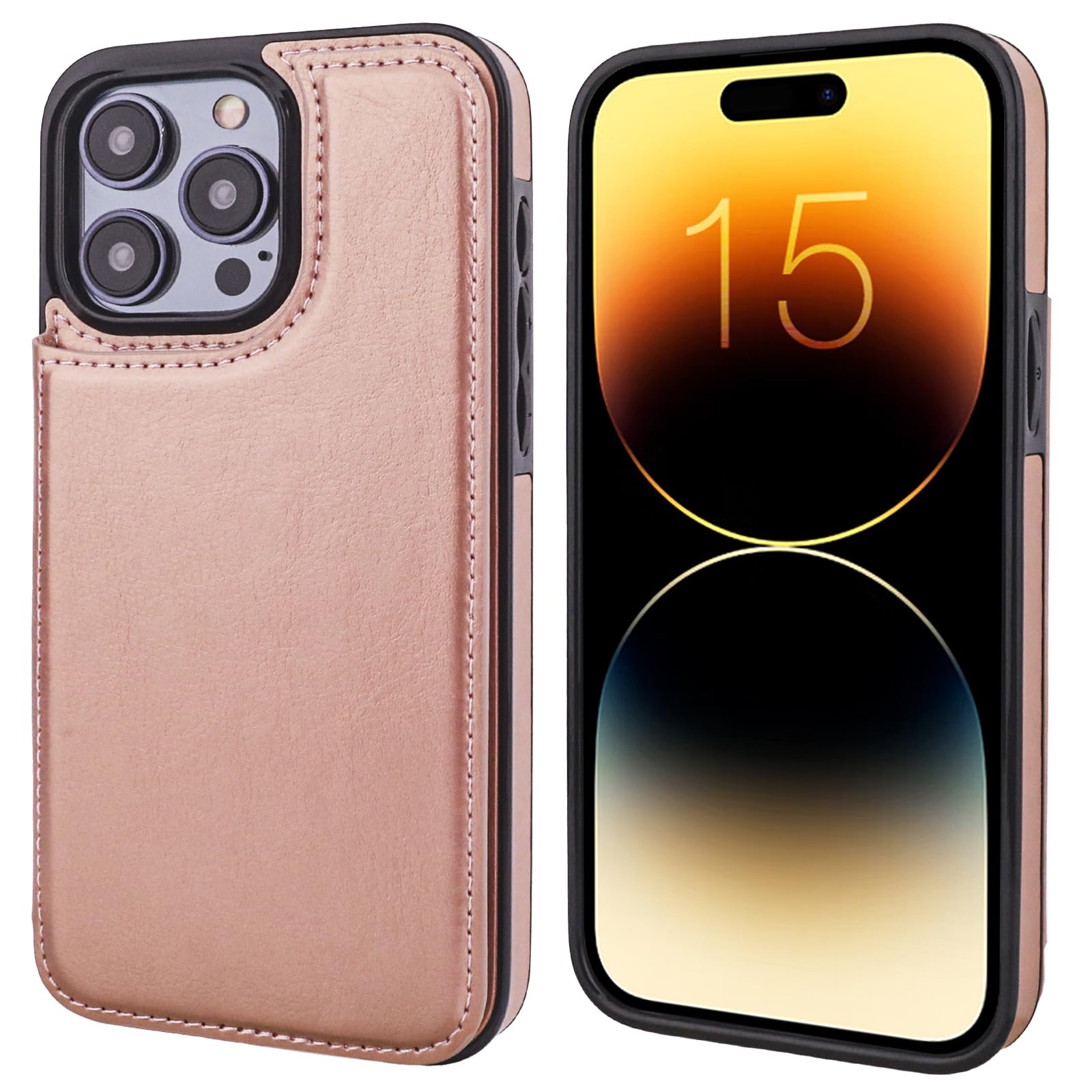iPhone 15 Pro Max Wallet Case with Card Holder & Kickstand - PU Leather Magnetic Clasp Shockproof Cover for 6.7