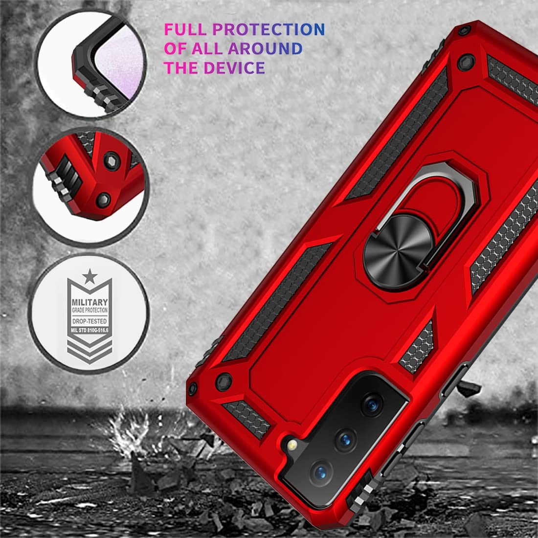 Military Grade Heavy Duty Armor Case for Samsung Galaxy S22 5G (SM-S901U) with Tempered Glass Screen Protector & Magnetic Metal Ring - Shockproof Protective Cover in Red | Perfect for Outdoor, Work & Travel