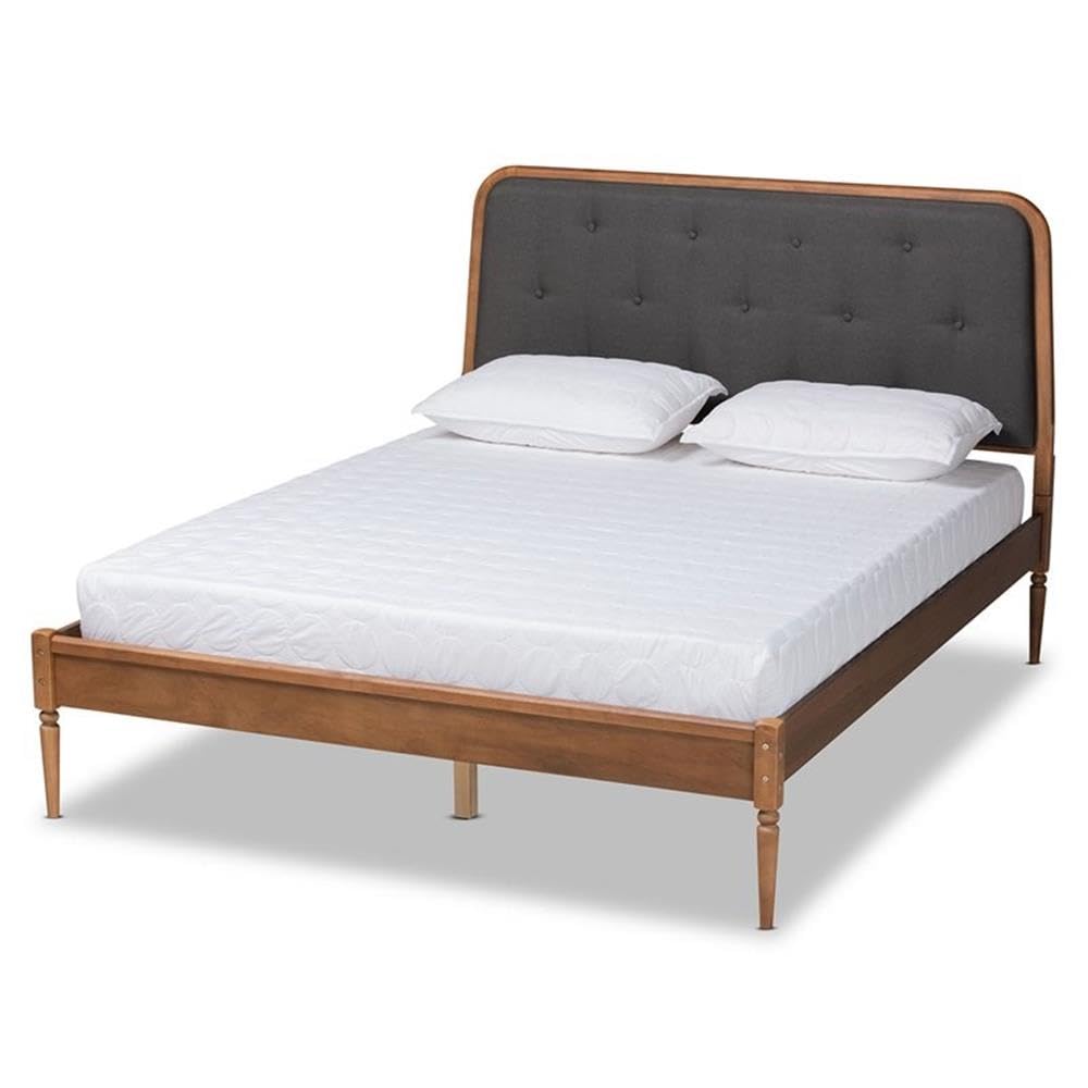 Baxton Studio Diantha Full Size Platform Bed - Dark Grey Fabric Upholstery with Walnut Brown Wood Finish | Classic Traditional Bedroom Furniture for Home Decor