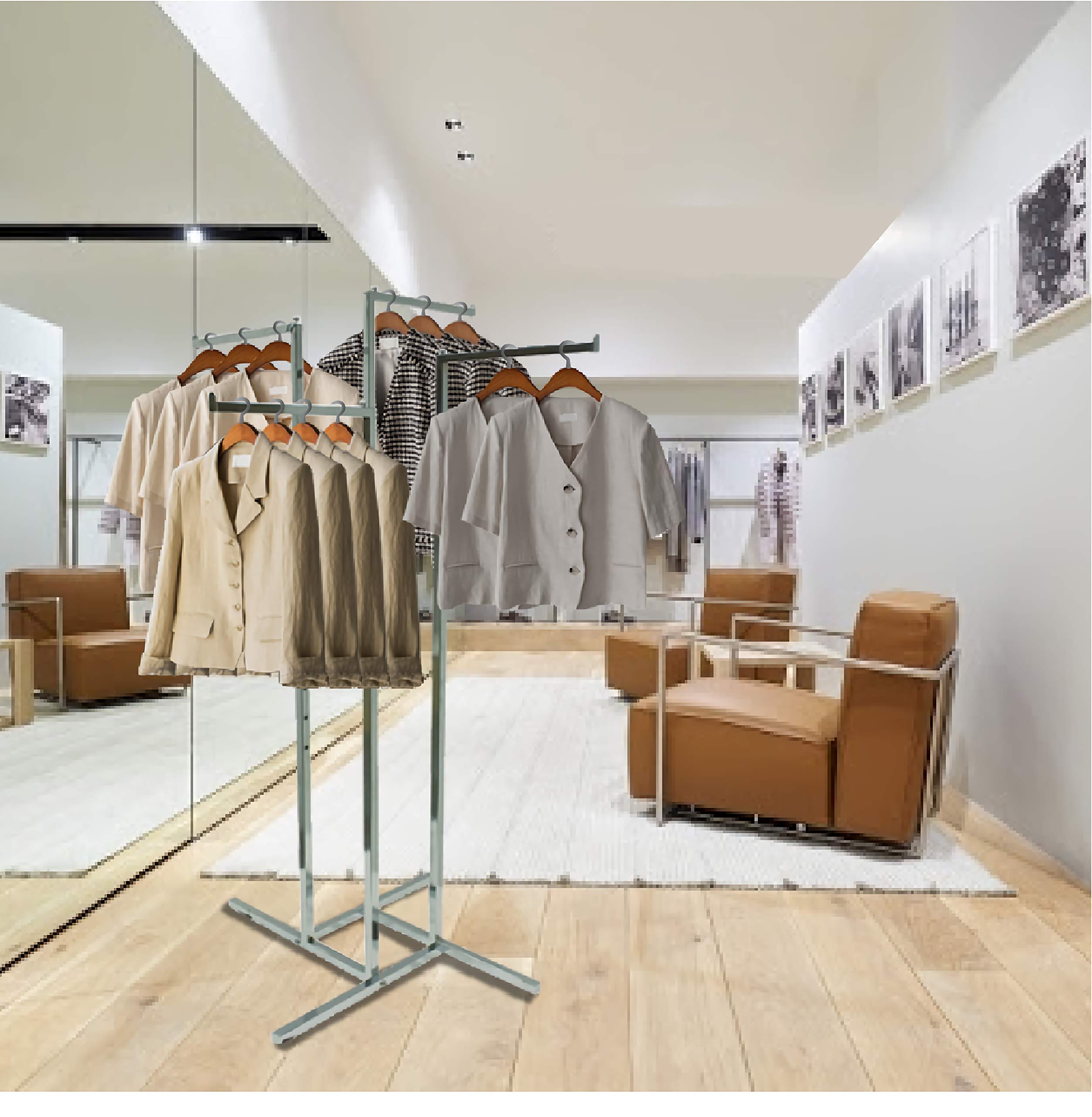 HK FIXTURES Industrial Chrome 4-Way Garment Rack - Heavy Duty Commercial Clothing Display with 4 Straight Arms for Retail Stores, Boutiques & Warehouse Use | Perfect for Organizing Clothes, Uniforms & Seasonal Displays