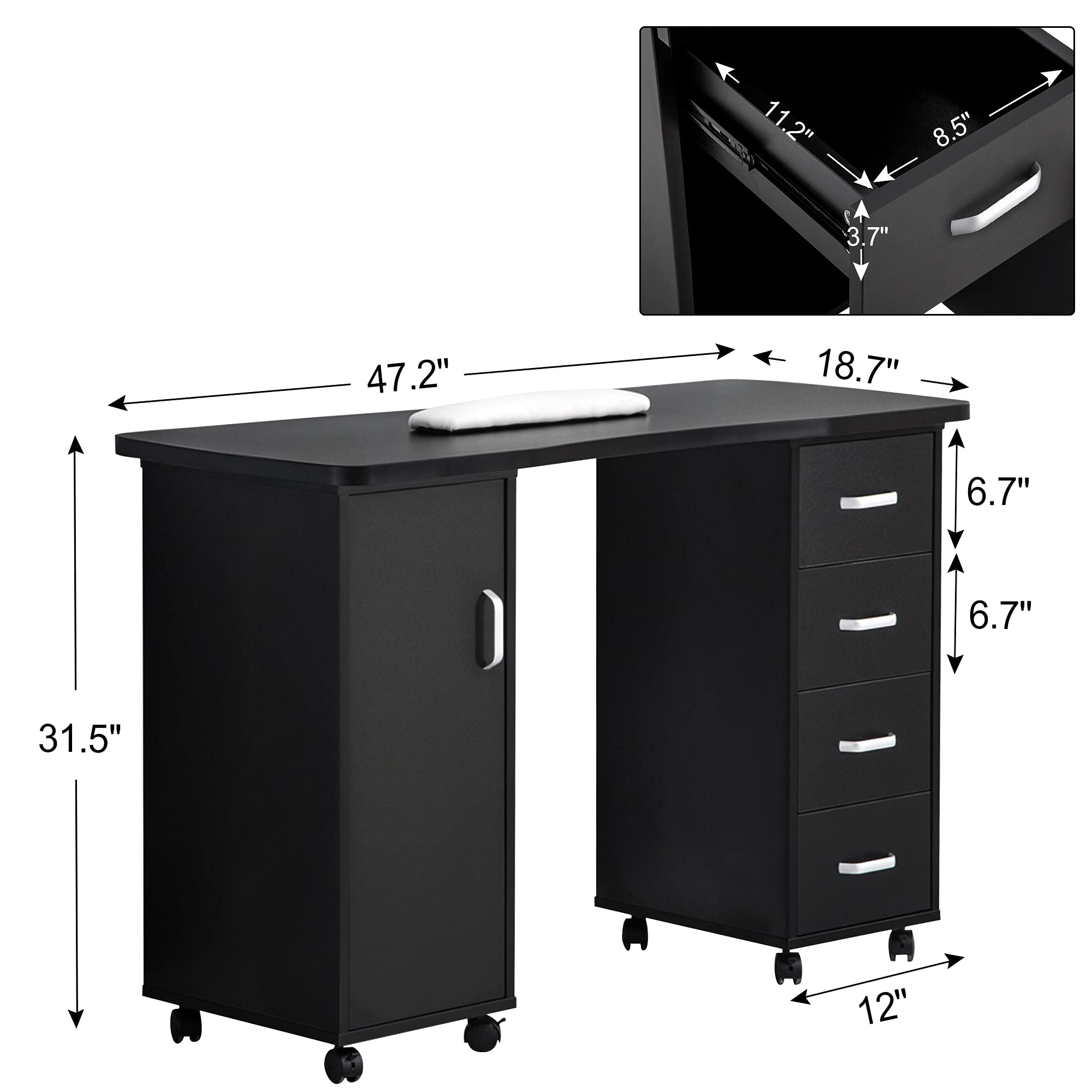 Professional BarberPub Manicure Table - Acetone-Resistant Nail Desk with 4 Drawers & 2 Cabinets - Lockable Wheels & Wrist Pad - Perfect for Nail Technicians & Beauty Salons (Black 0611) - Ideal for Manicures, Pedicures & Nail Art Services in Salons & Home Studios