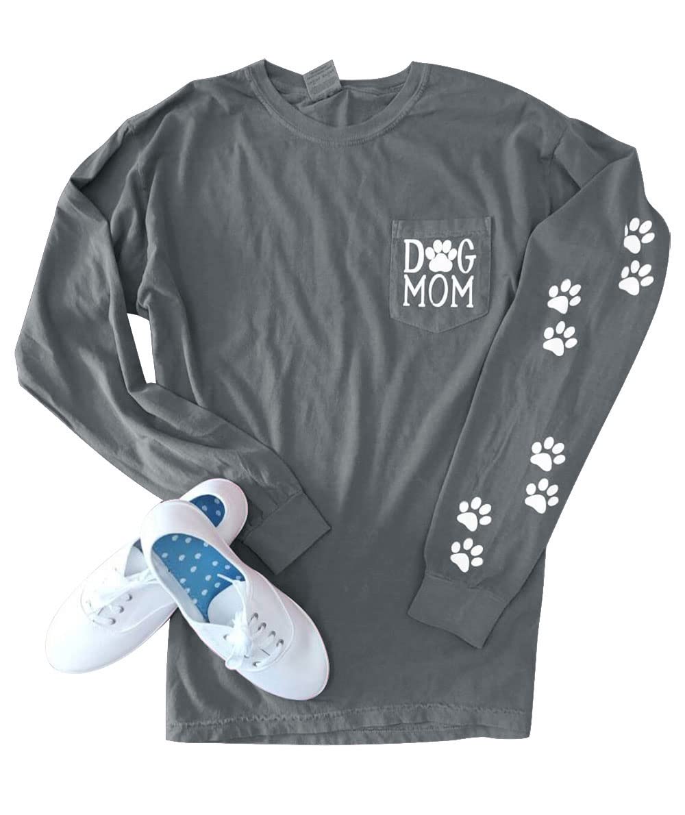 Women's Dog Paw Print Pullover - Cute Dog Mom Graphic Tee with Patch Pocket | Long Sleeve Casual Shirt for Dog Lovers | Perfect for Pet Owners, Dog Walks & Cozy Outings