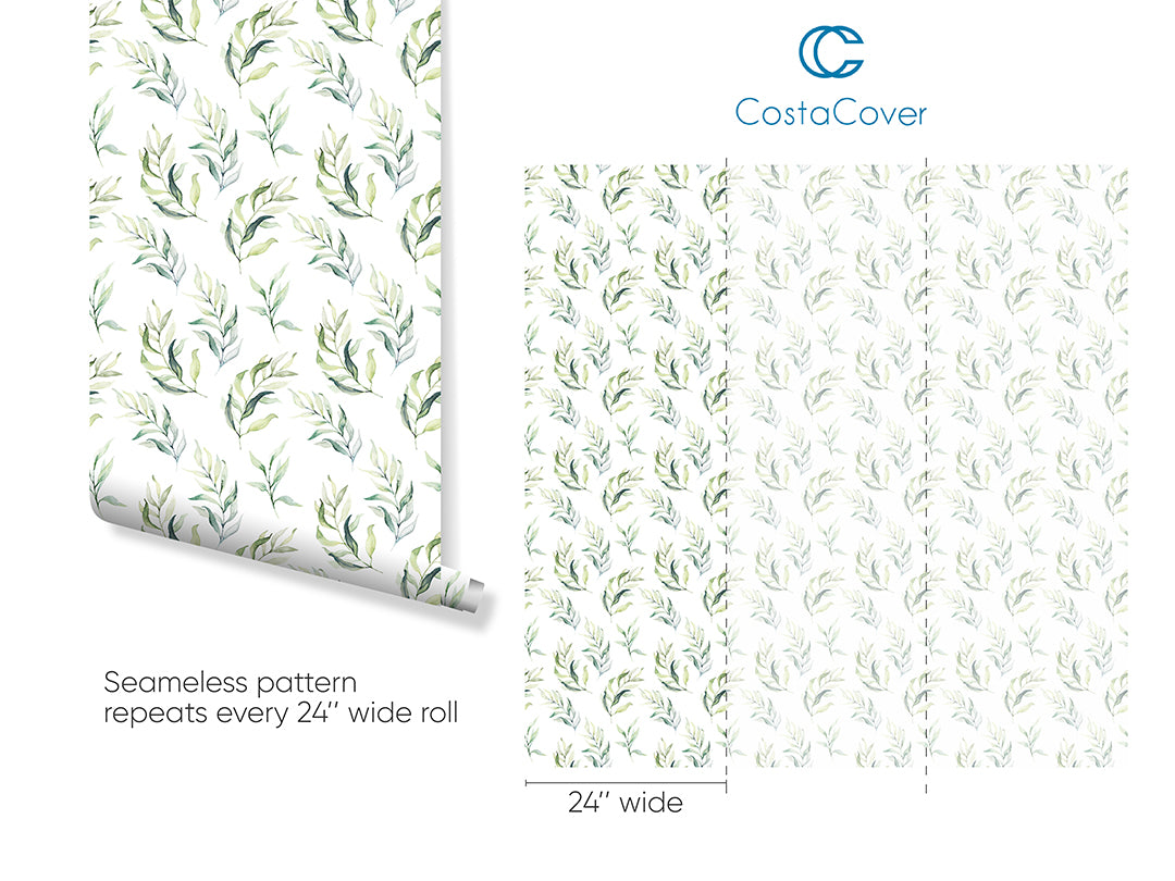 Green Eucalyptus Leaves Wallpaper CC049 - Botanical Peel and Stick Wall Mural for Bedroom, Nursery & Home Decor