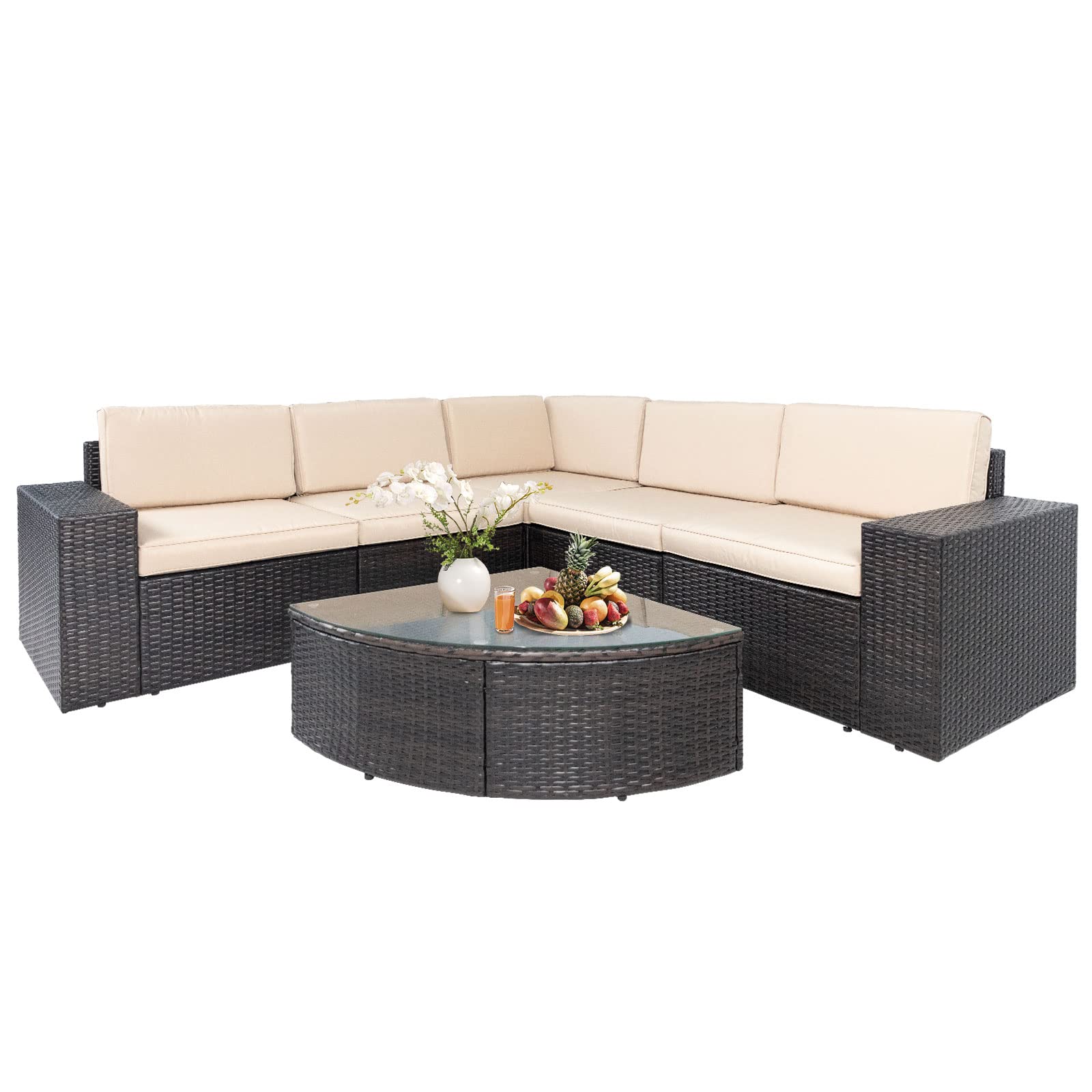Omelaza 6-Piece Outdoor Sectional Sofa Set - Patio Wicker Furniture with Cushions & Tempered Glass Table - Brown Conversation Set for Backyard, Garden or Poolside Relaxation