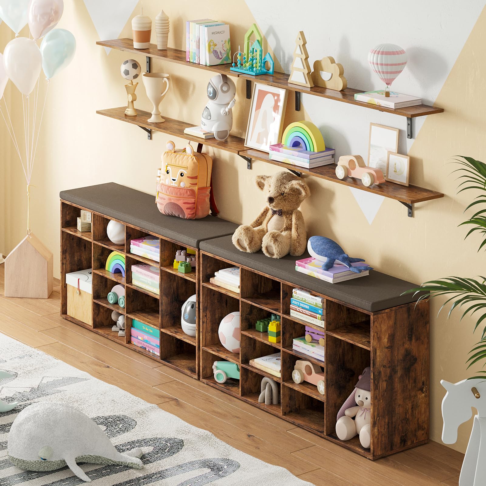 DINZI LVJ 16-Cubby Shoe Storage Bench with Cushion - Adjustable Shelves Multifunctional Shoe Organizer for Entryway, Mudroom, Hallway - Rustic Brown | Perfect for Small Spaces, Home Organization & Shoe Display