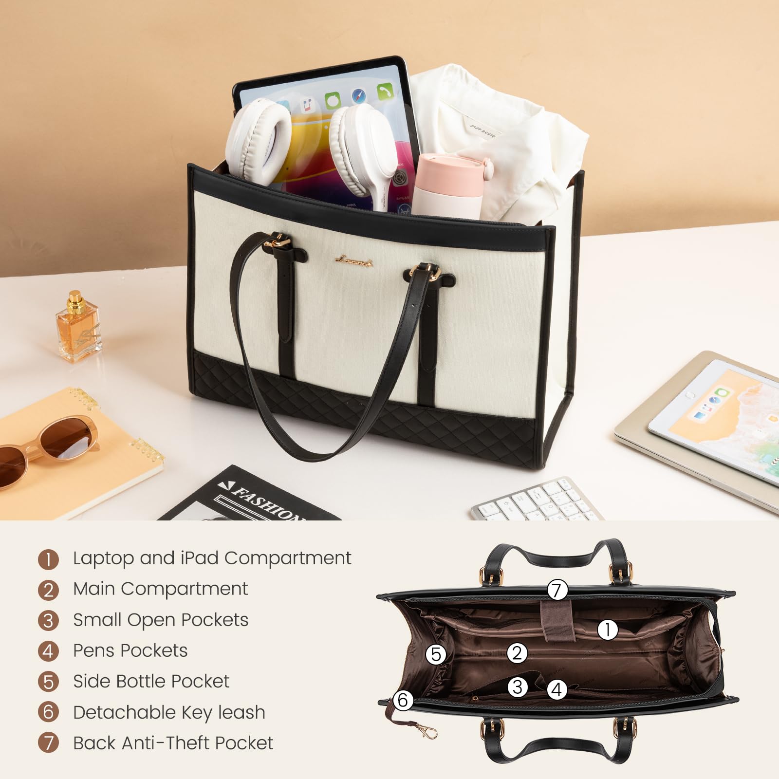LOVEVOOK Women's 17.3 Inch Large Canvas Laptop Tote Bag - Spacious Work Bag with Detachable Clutch Purse, Professional Office Briefcase & Stylish Handbag for Business, Travel, College, School & Teaching | Perfect for Commuting, Business Trips & Daily Use