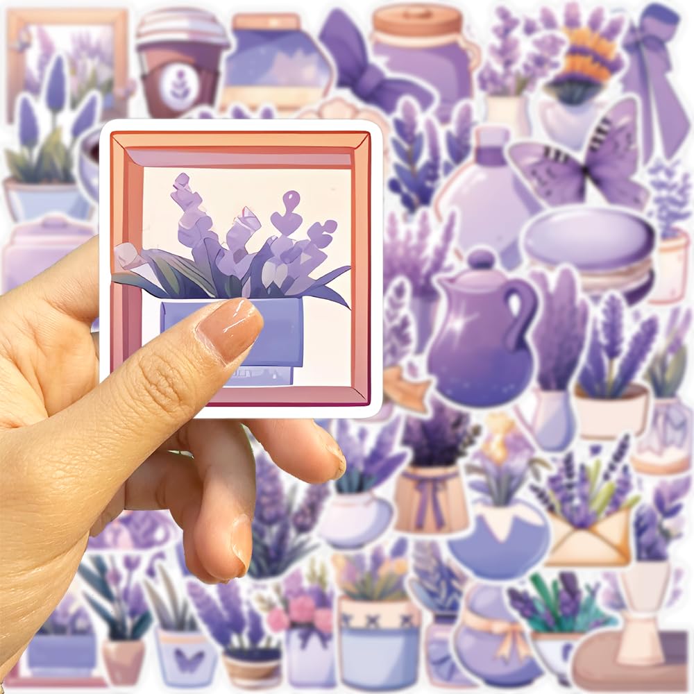 50Pcs Lavender Flower Stickers - Waterproof Vinyl Decals for Water Bottles, Laptop, Luggage, Cup, Phone & Skateboard - Perfect for DIY Crafts, Scrapbooking & Personalizing Accessories