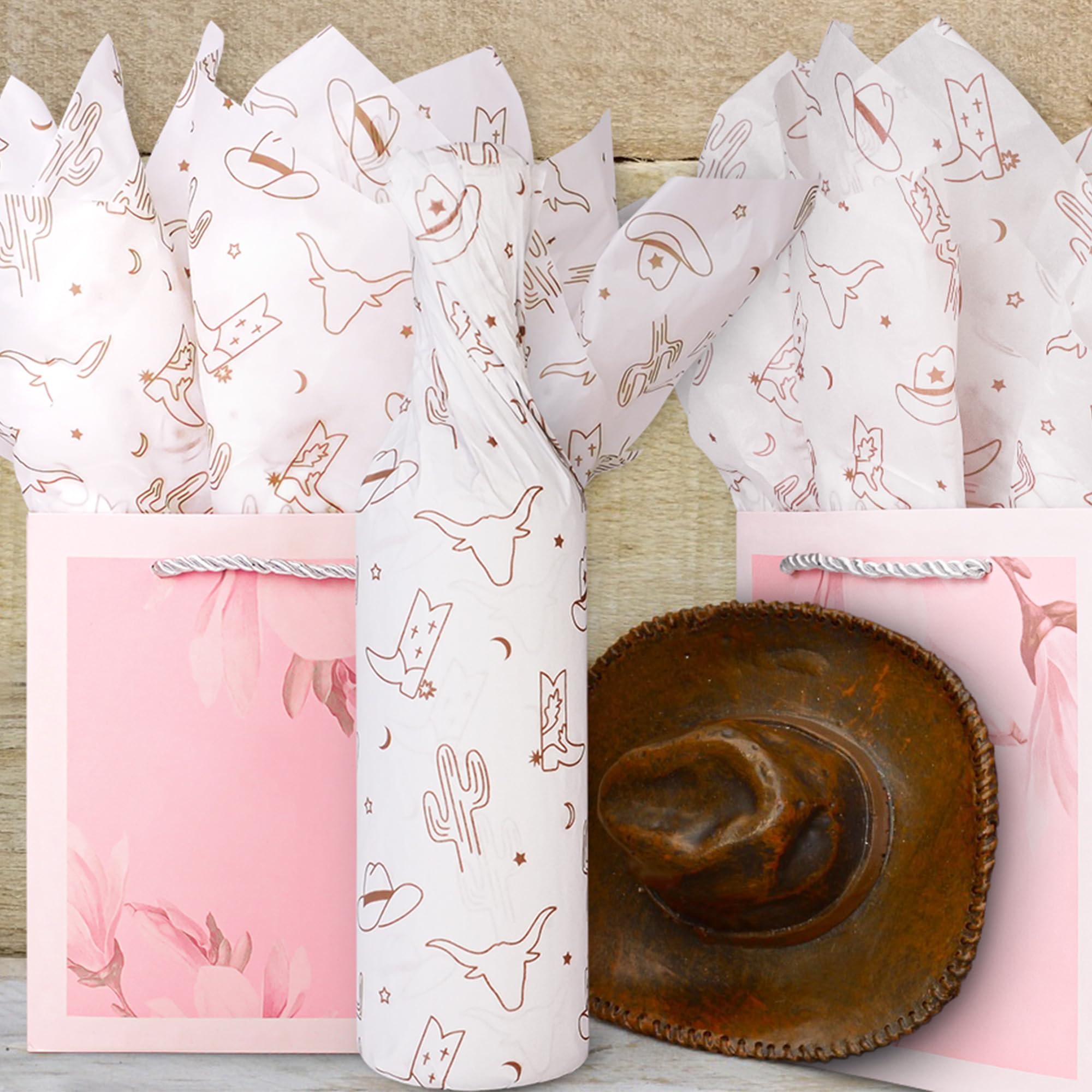 Hi Sasara 60 Sheets Western Cowboy Cowgirl Tissue Paper Bulk - 14 x 20 Inch Brown Cowboy Hat & Boots Design - Gift Wrapping, Party Decorations, Birthday Favors, Scrapbooking Supplies (Brown)