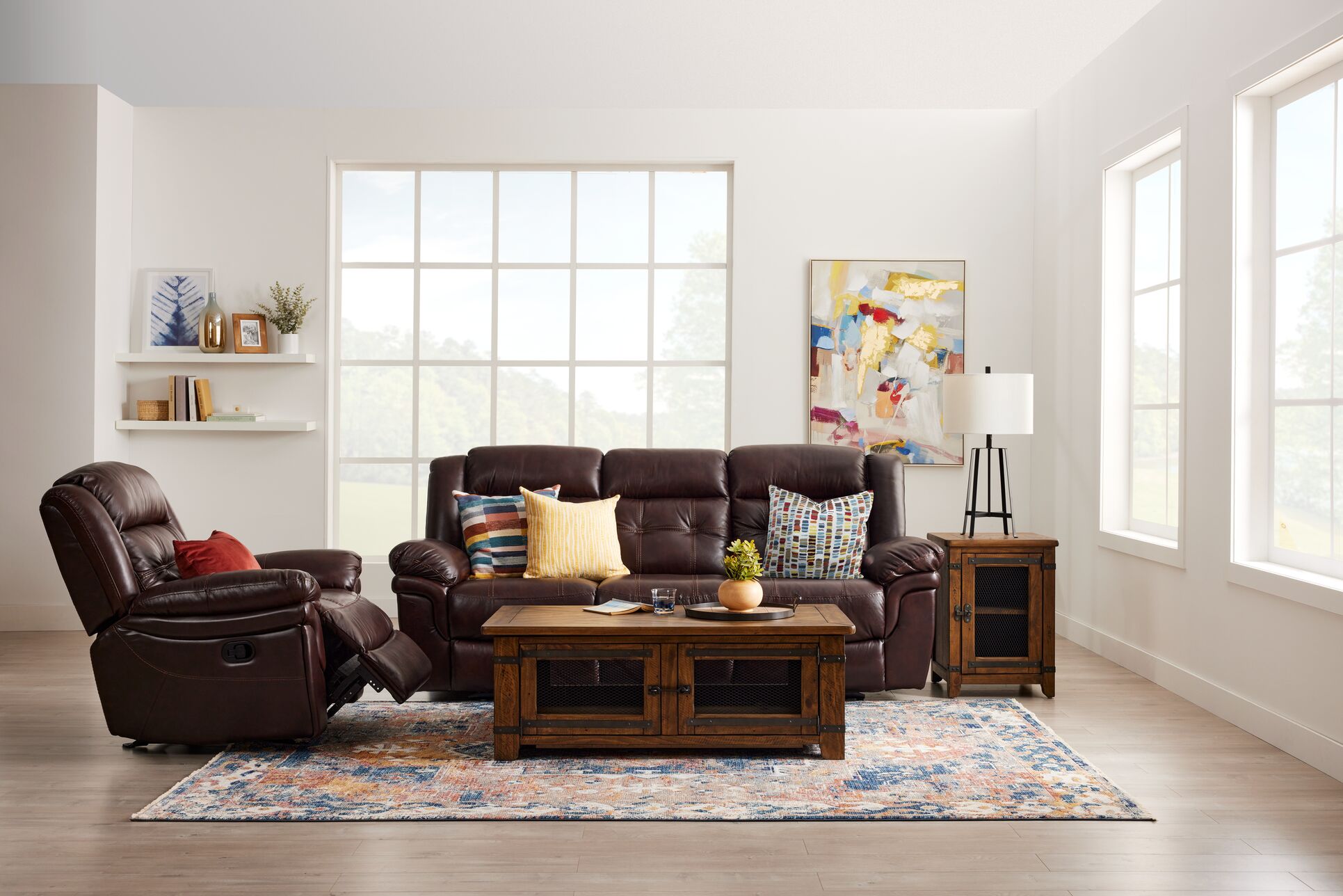 Premium Cooper Leather Reclining Sofa & Loveseat Set with Console - Genuine Brown Leather Living Room Furniture for Home Theater & Family Gatherings