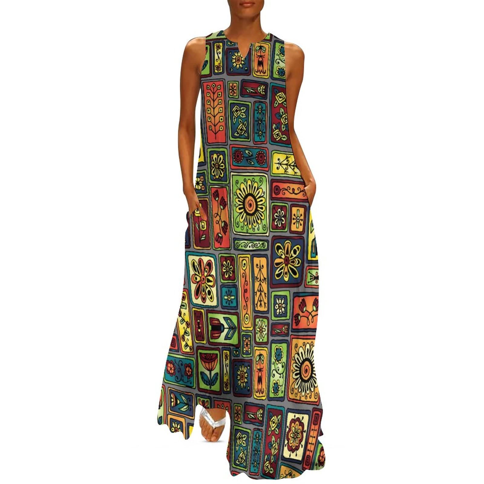 Abstract Colorful Hearts Women's Summer Maxi Dress - Casual Long Flowy Sun Dress for Beach, Vacation & Outdoor Activities
