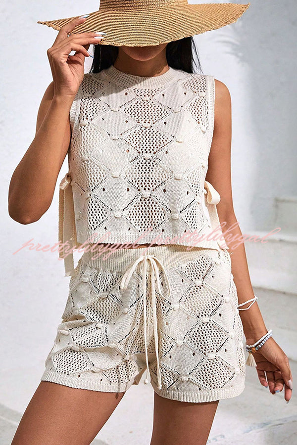 Solid Color Sleeveless Tie Knitted Vest & Loose Elastic Waist Drawstring Shorts Set - Women's Casual Summer Outfit for Beach, Vacation and Streetwear Fashion