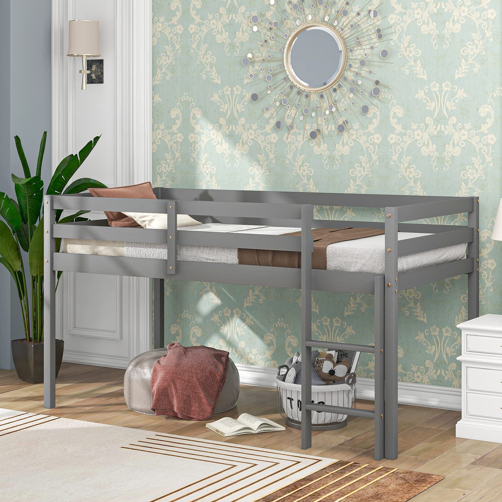 Solid Wood Twin Loft Bed Frame for Kids & Teens - Sturdy Low Loft Design with Full-Length Safety Guardrail, Space-Saving Bedroom Solution - No Box Spring Needed (Grey) - Perfect for Small Rooms, Dorms & Shared Kids' Bedrooms