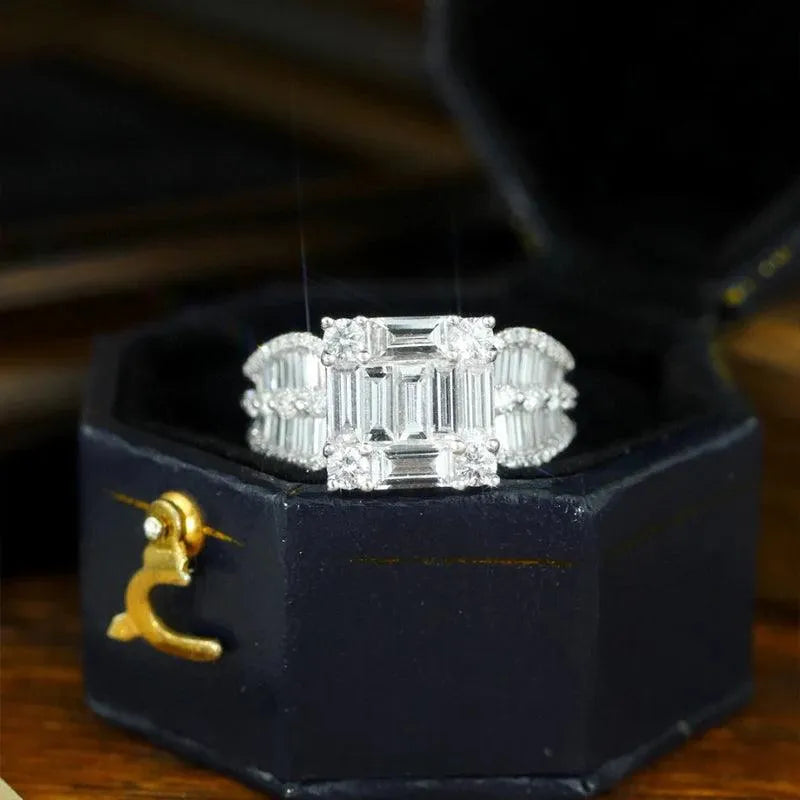 18K White Gold Real Natural Diamond Ring 4.0ct Square Luxury Jewelry for Women - Elegant Party, Wedding, Anniversary & Special Occasion Gift
