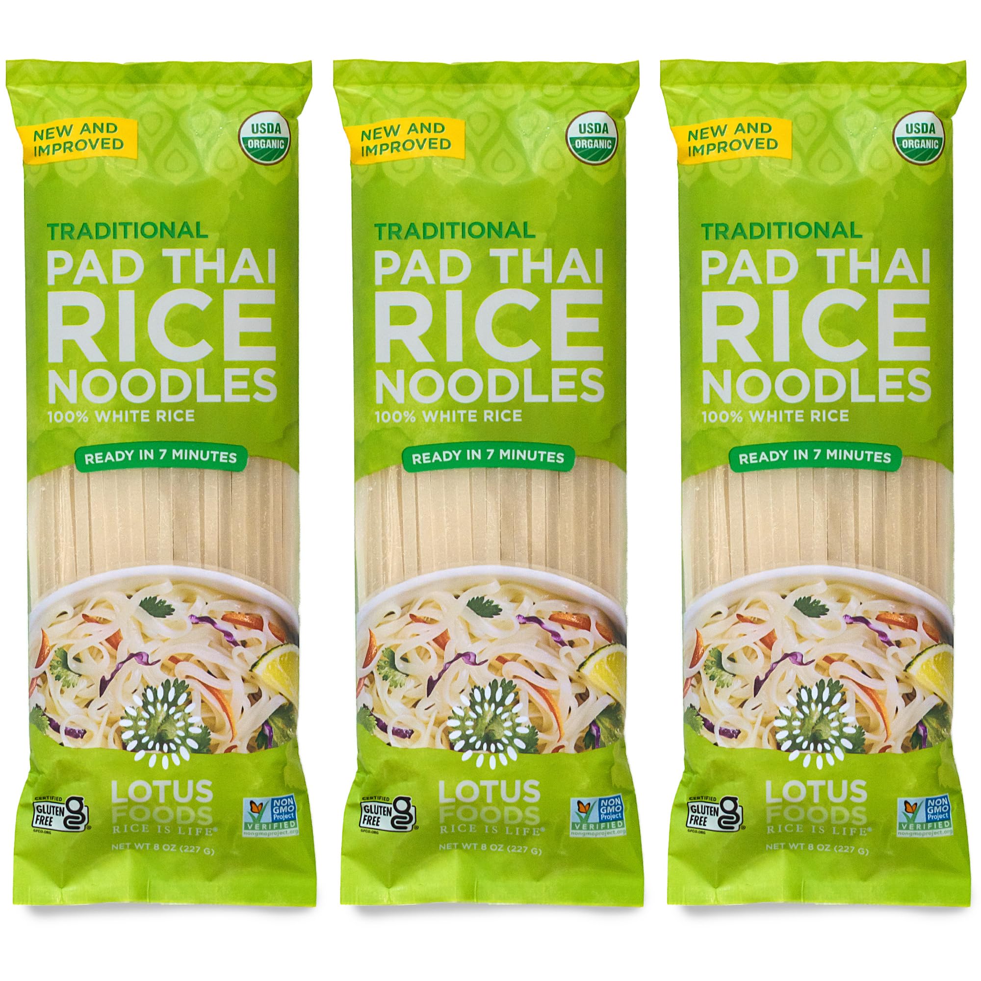 Lotus Foods Organic Pad Thai Rice Noodles - Gluten Free, Non-GMO, Whole Grain Asian Noodles - 8 Oz (Pack of 3) - Perfect for Stir-Fry, Soup & Authentic Thai Dishes