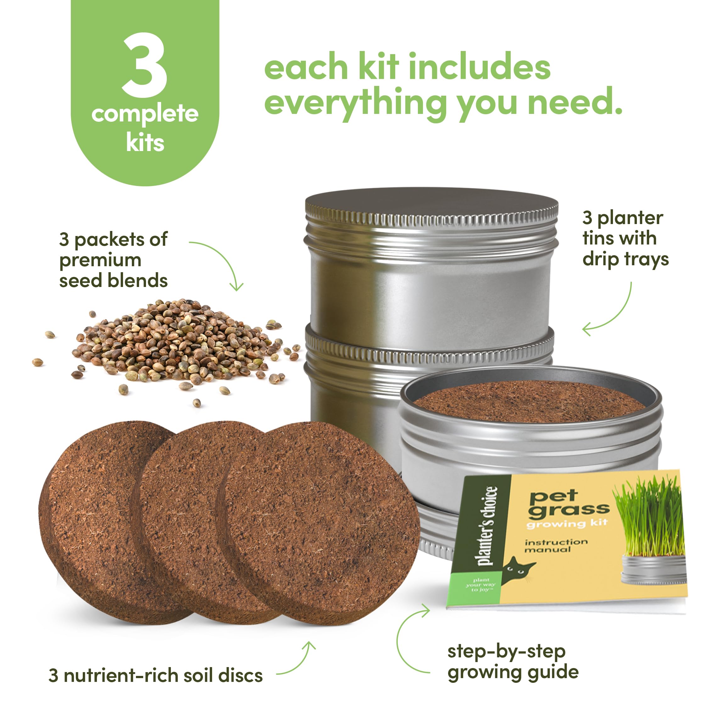 Organic Cat Grass Growing Kit for Indoor Cats - 3 Pack with Premium Seeds & Soil - Healthy Pet Grass Planter for Digestive Health - Perfect Gift for Cat Lovers (Use for Play, Digestion & Stress Relief)