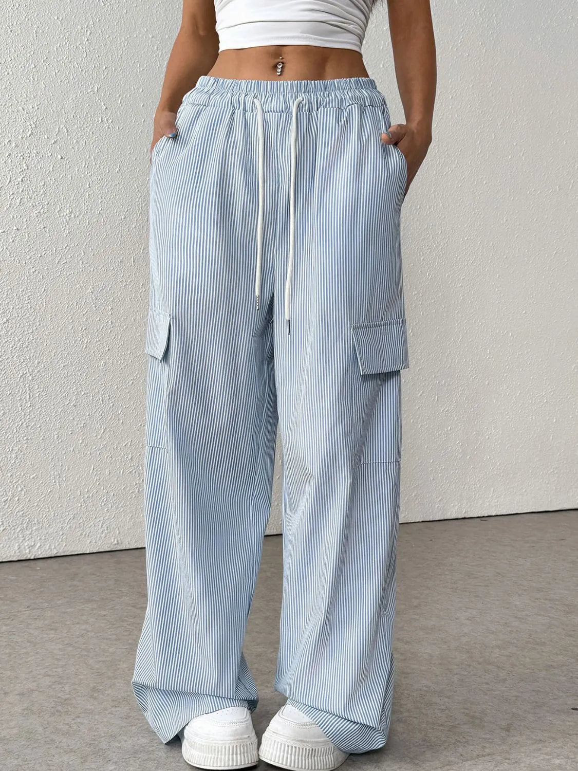Stylish Striped Drawstring Wide Leg Cargo Pants for Women - Comfortable & Trendy Casual Wear for Outdoor Activities, Travel and Street Fashion