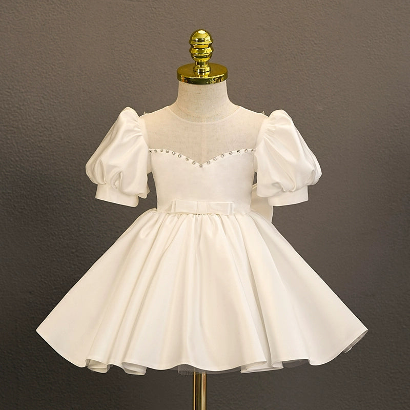 White Princess Sweetheart Tea Length Satin Flower Girl Dress for Weddings, Birthday Parties & Special Occasions