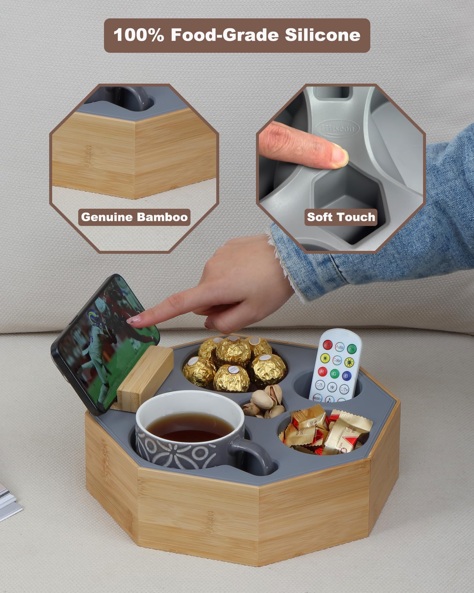 Hitseon Octagonal Silicone Bamboo Sofa Cup Holder with Rotatable Phone Stand - Waterproof Anti-Spill Couch Tray for Drinks, Snacks & Remote Control - Perfect for Living Room, Bedroom, Car & Office (Black)