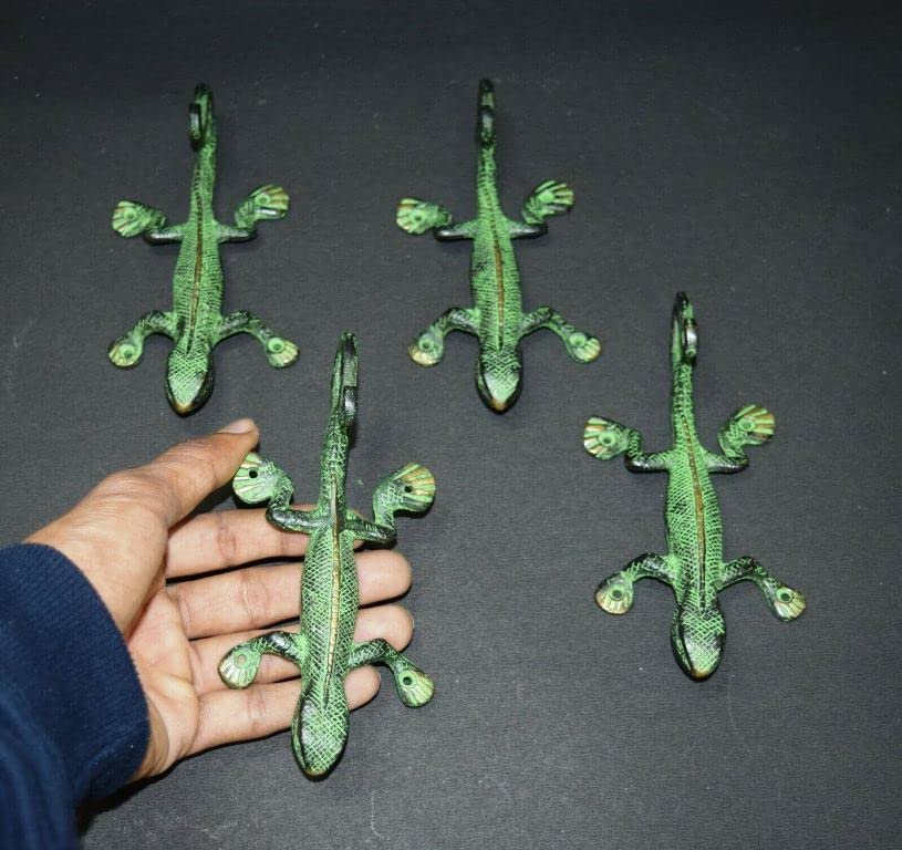 Brass Lizard Wall Hooks Set of 4 - Reptile Key Holder for Home Decor