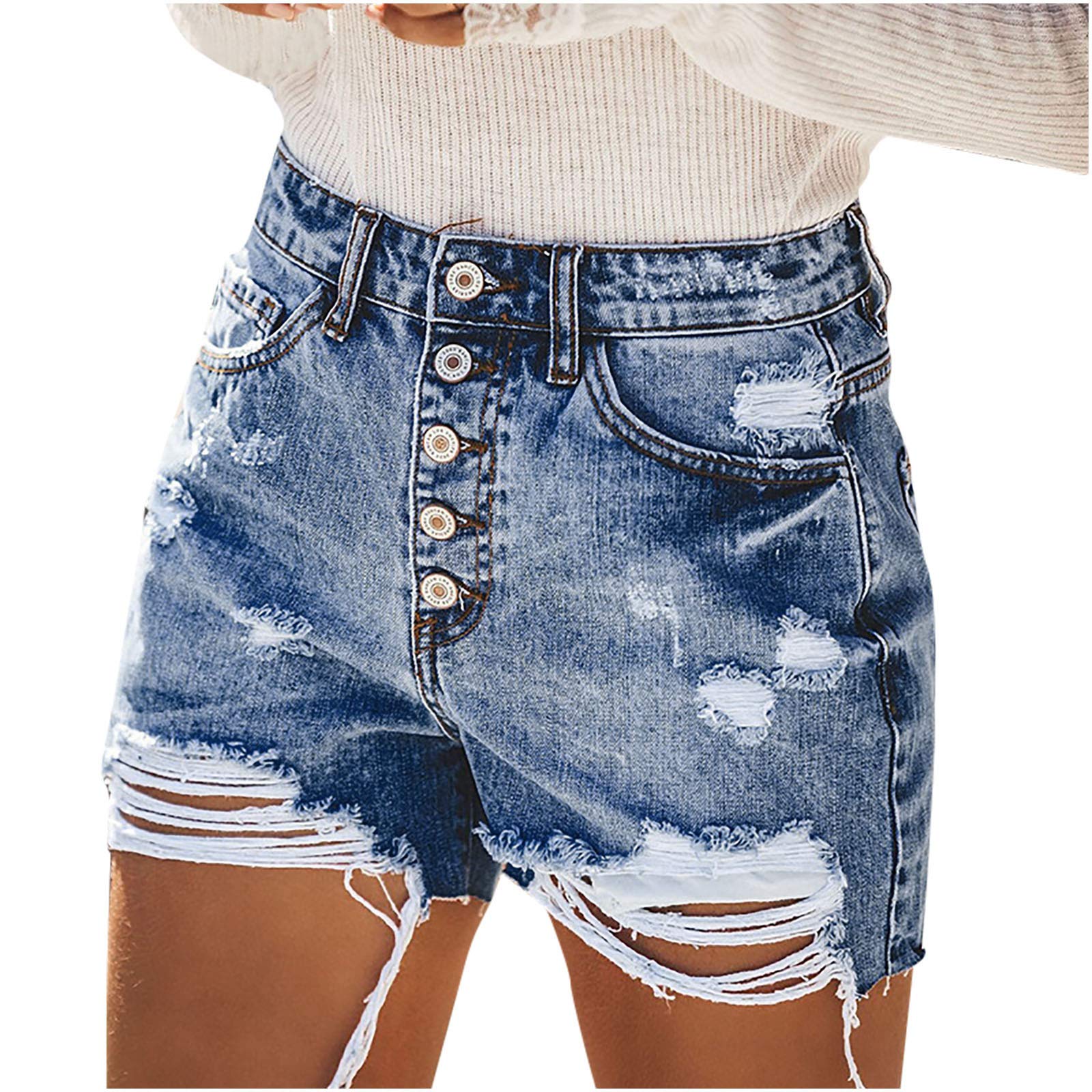 Women's Blue Denim Shorts with Bottom Pockets - Distressed Hole Design Casual Jean Shorts for Summer Outfits & Beach Wear