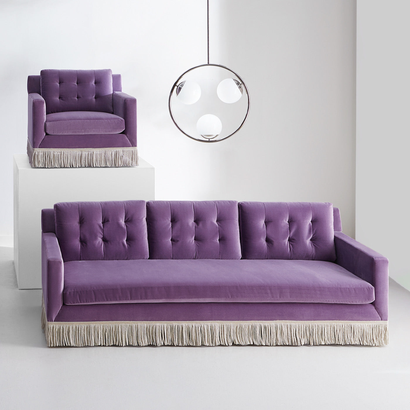 Wright Sofa with Bullion Fringe - Elegant Tufted Mid-Century Modern Couch for Living Room, Lounge & Home Decor