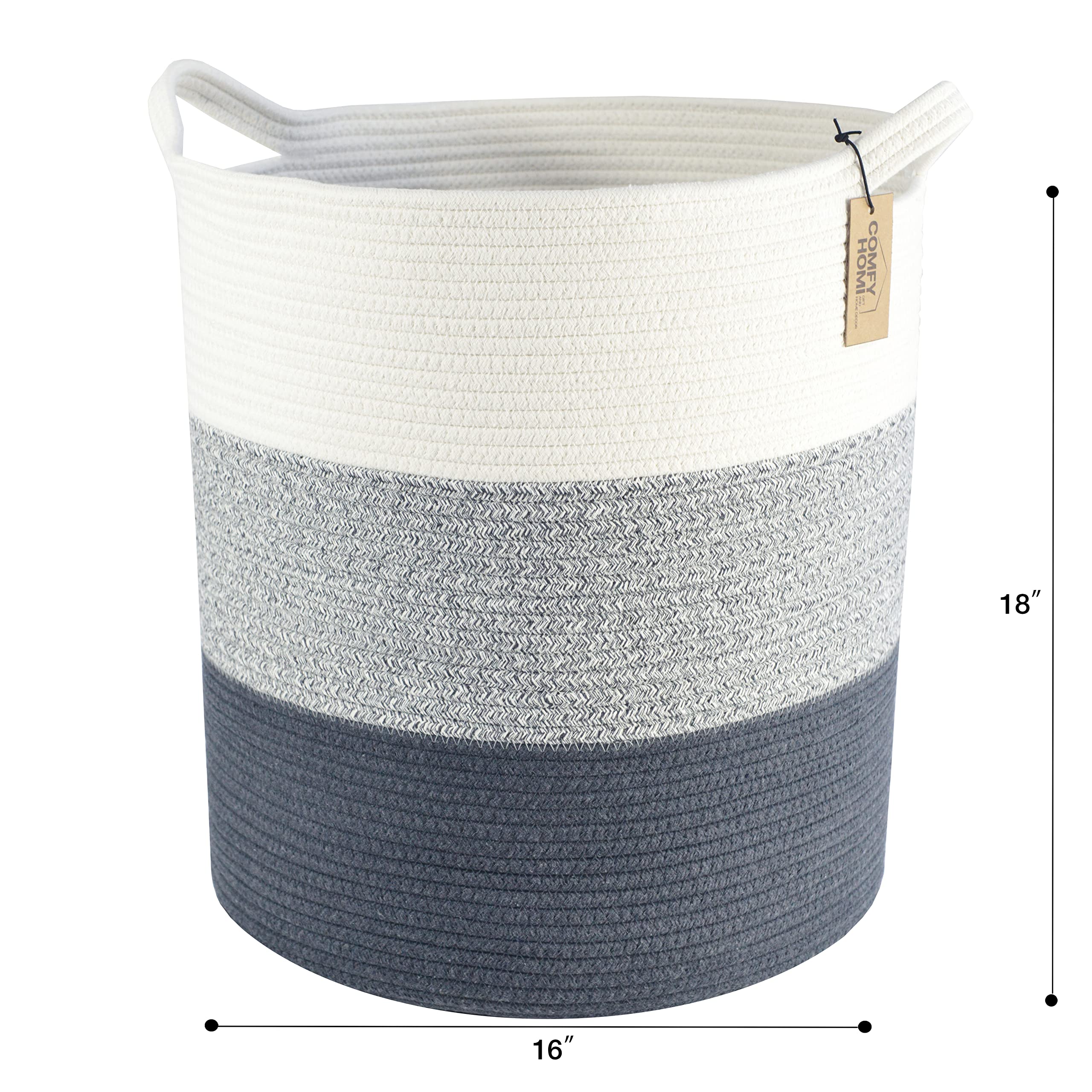 COMFY-HOMI XXL Large Laundry Basket with Handles - Woven Cotton Rope Storage Organizer for Blankets, Toys & Clothes (16”x18”, 3-Tone Grey) | Perfect for Nursery, Living Room & Pet Toy Storage