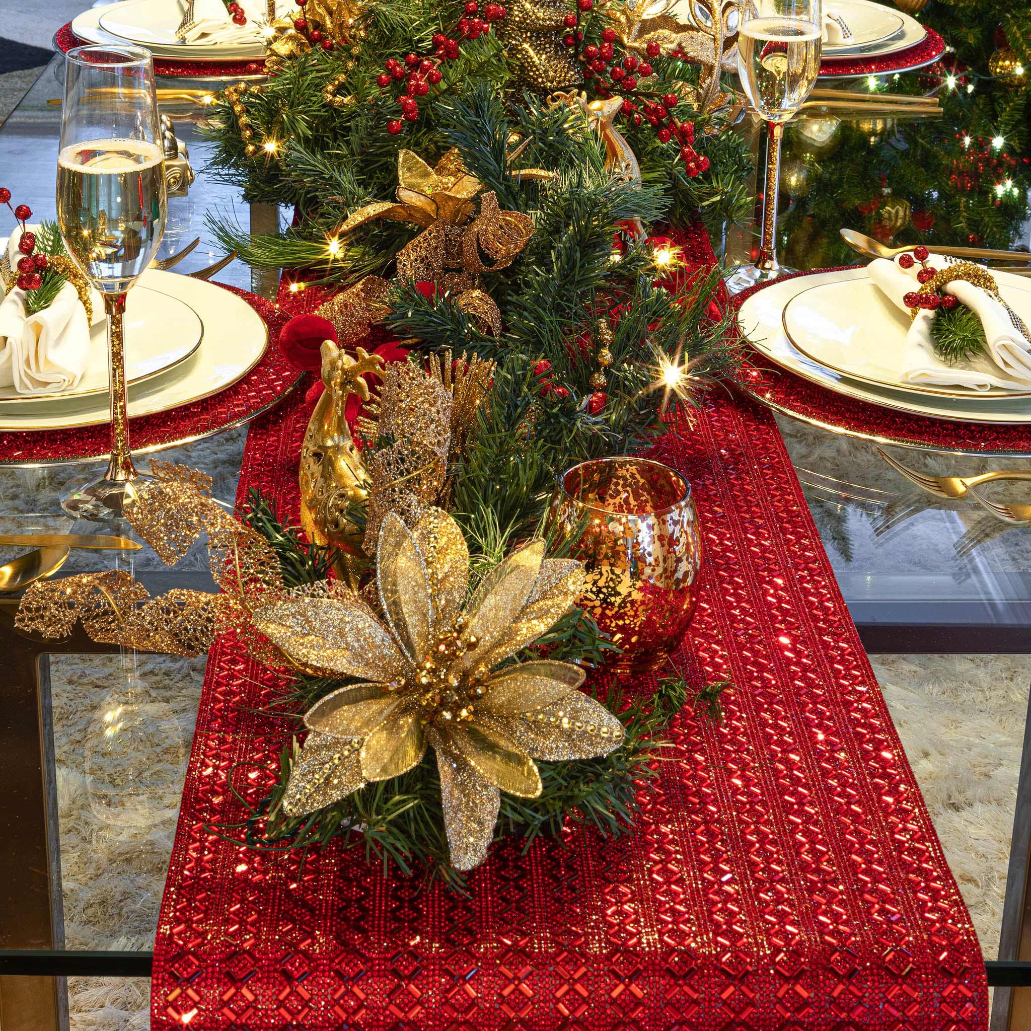Madison Avenue Gold Table Runner with Glass Rhinestones in Dazzling X Pattern - 108 Inch Formal Dining Table Decor for Weddings, Parties & Special Events | Elegant Table Setting Accessory