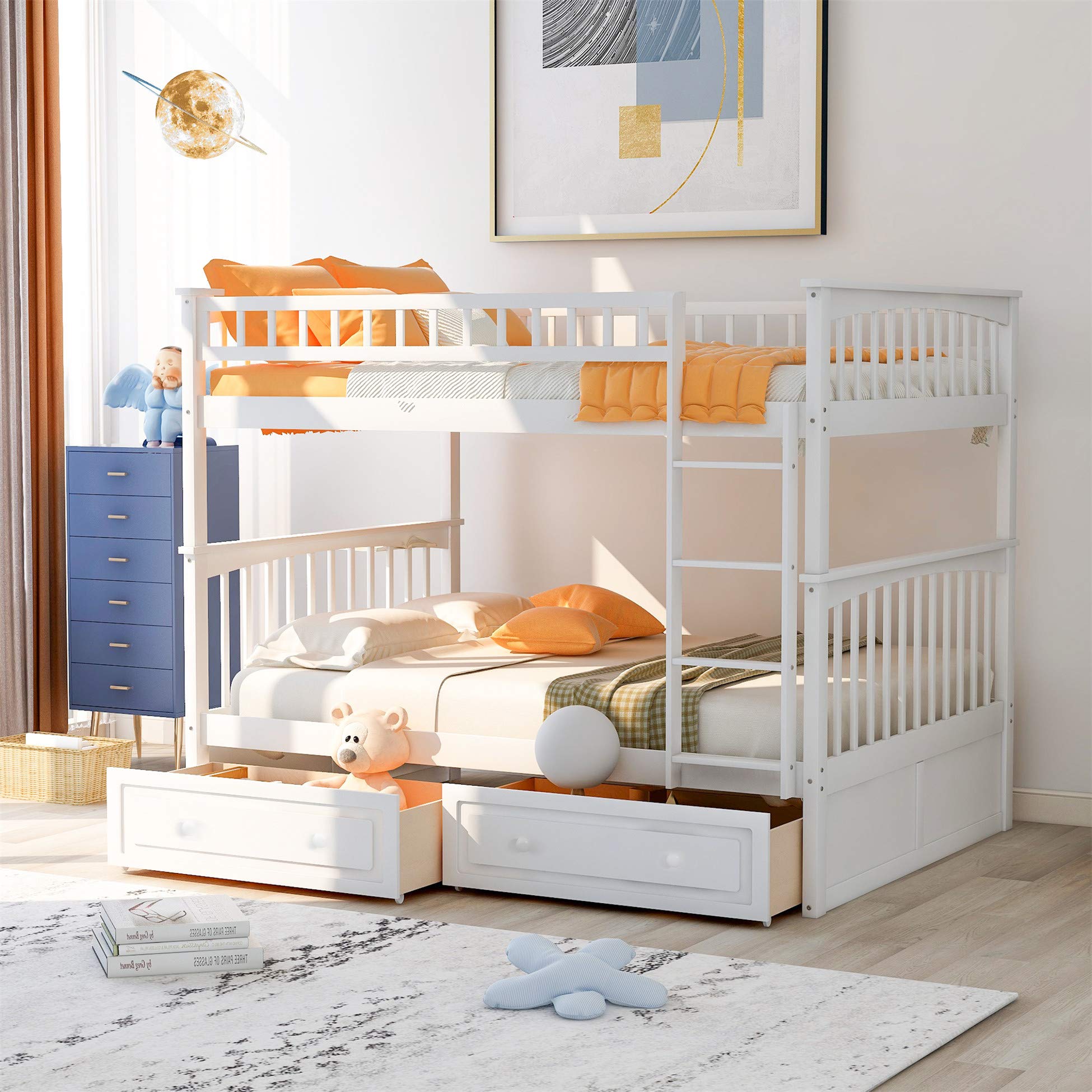 Harper & Bright Designs Full Over Full Bunk Bed with Storage Drawers - Solid Wood Bunk Bed Frame in White - Perfect for Kids' Bedrooms, Guest Rooms & Space-Saving Solutions