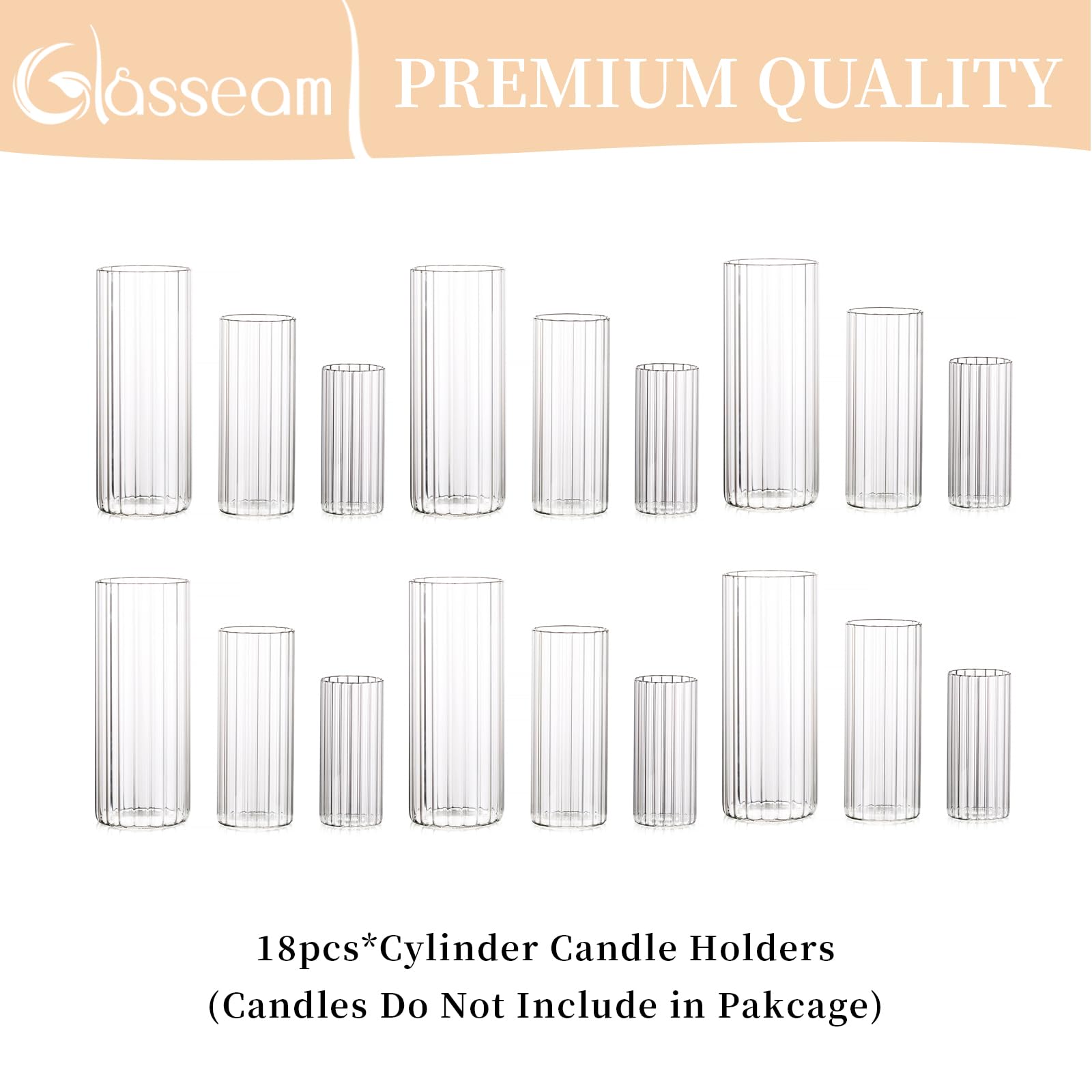 Glasseam 18-Piece Clear Ribbed Glass Cylinder Candle Holders Set - Hurricane Pillar & Floating Candle Vases for Dining Table Centerpieces, Flute Flower Vases for Wedding, Party Decor & Home Decoration