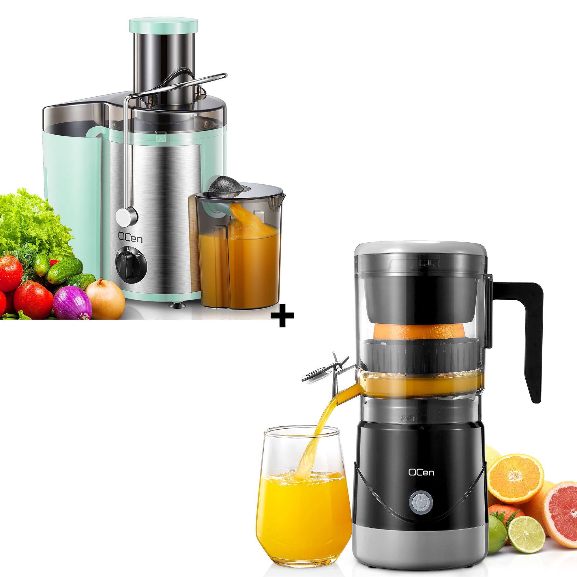 Qcen 500W Powerful Electric Citrus Juicer - High Speed Juicer for Oranges, Lemons, Grapefruits - Black Bundle - Perfect for Breakfast, Fresh Juice Bars & Healthy Home Cooking