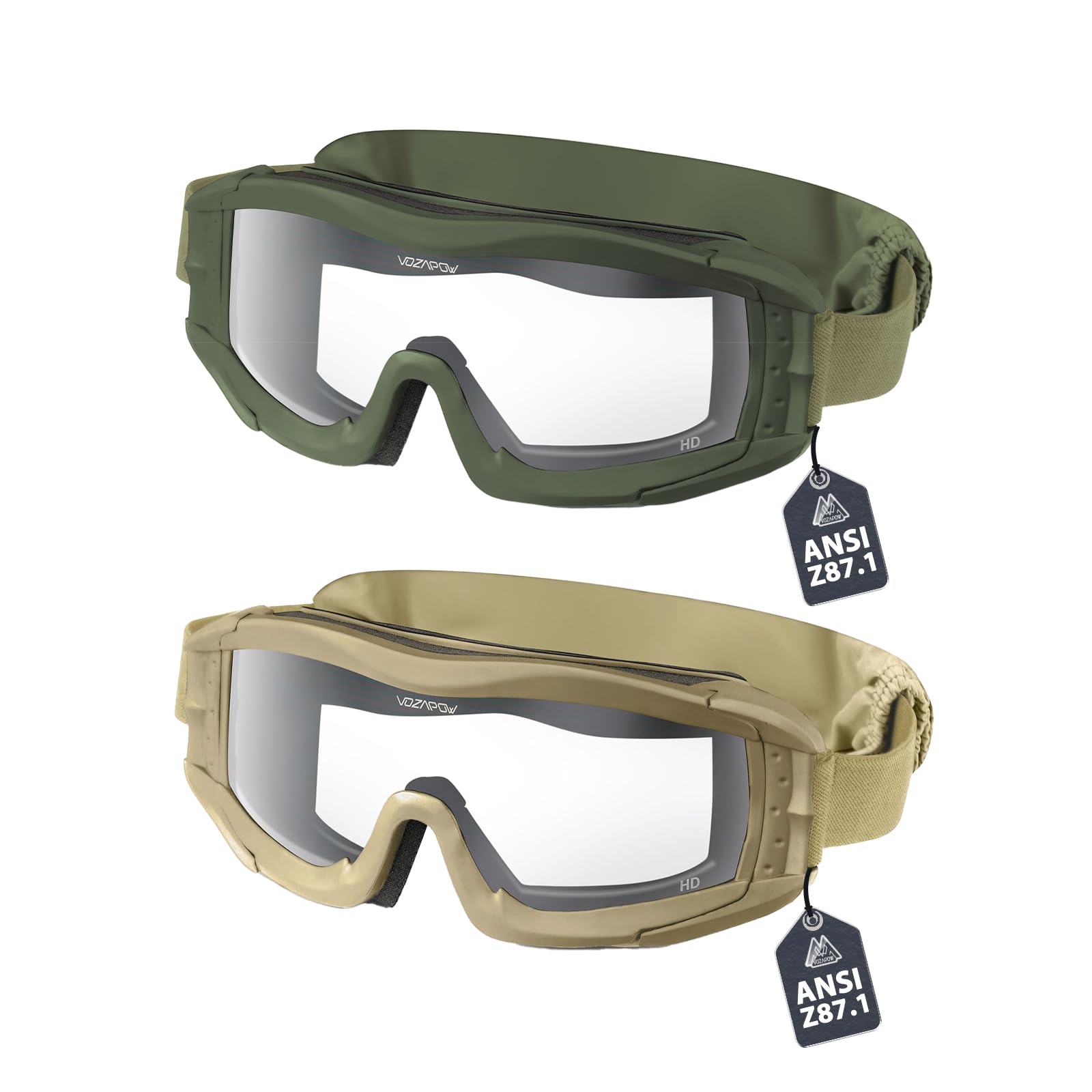 ANSI Z87.1 Certified Anti-Fog Airsoft Goggles - Tactical Military Ballistic Safety Glasses for Outdoor Shooting & Paintball (Beige & Green)