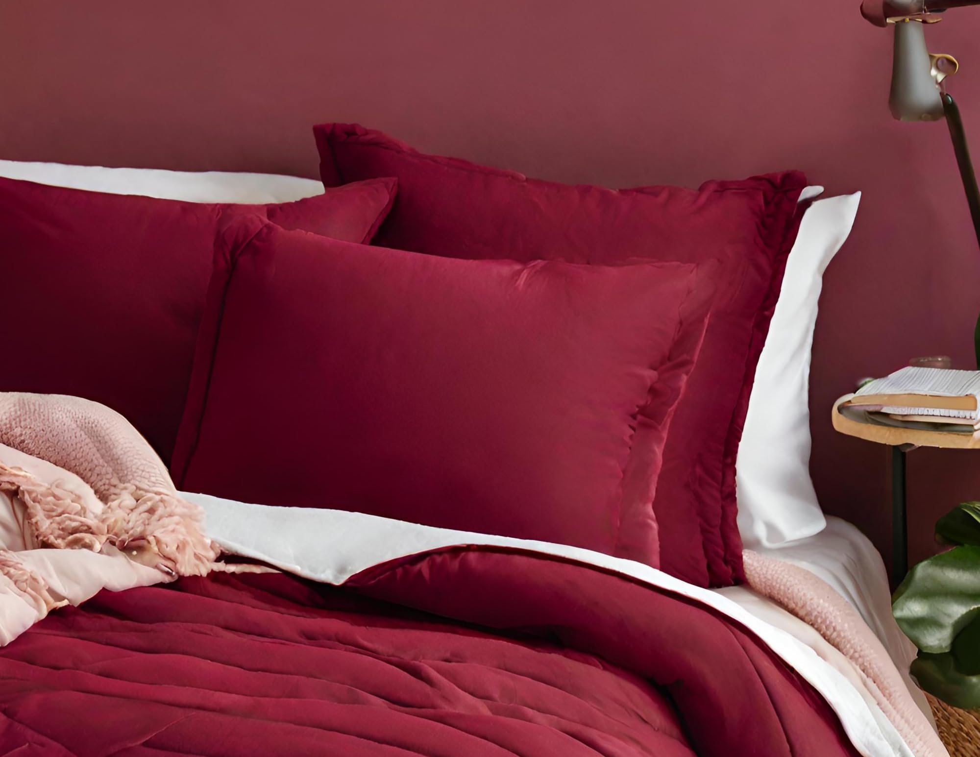 Embossed Lightweight Bed Comforter Set | 3Pcs All Season Down Alternative Reversible Comforter with Pillowcases | Soft Hypoallergenic Bedding for Master Bedroom, Guest Room & Dorm - Burgundy Red