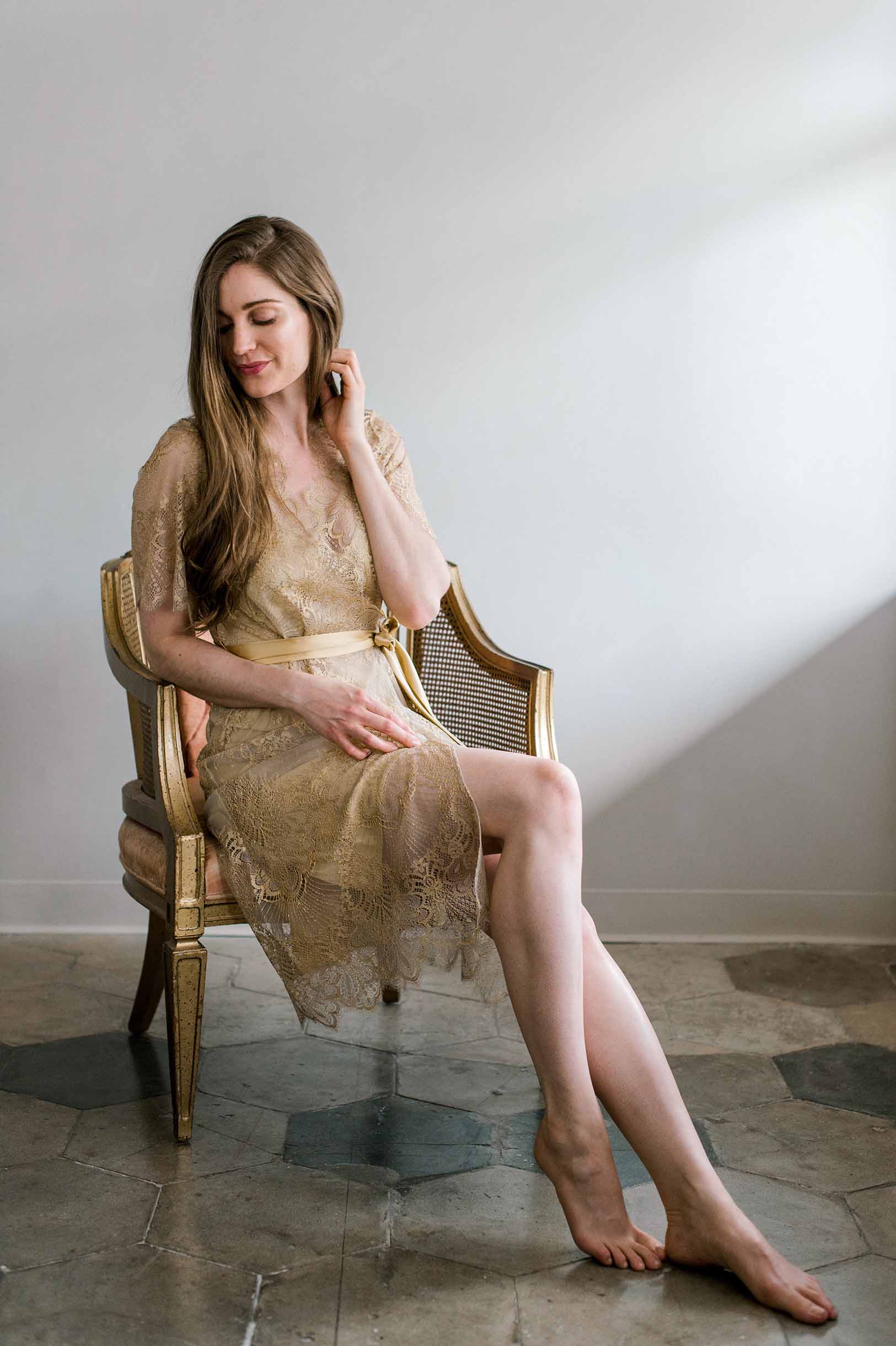 Gold Harlow Midi Lace Robe with Flutter Sleeves - Elegant Loungewear for Bridal Shower, Honeymoon & Special Occasions