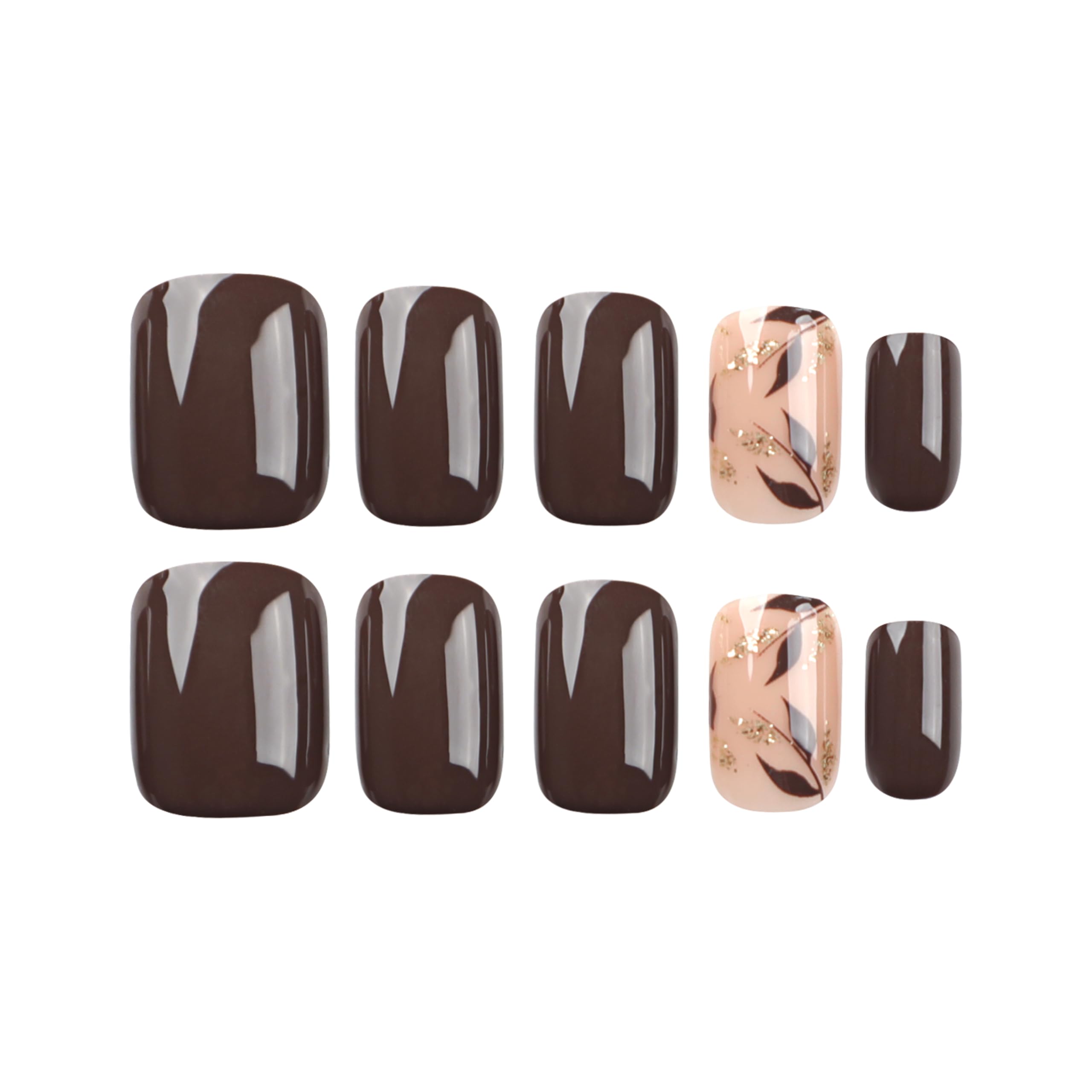 Dark Brown Press on Nails Short Square Fake Nails with Golden Leaf Accents & Glitter Designs - Glossy Gel Finish Acrylic Short Fake Nails Kit for Women (24Pcs) - Perfect for Parties, Weddings, Date Nights & Everyday Wear