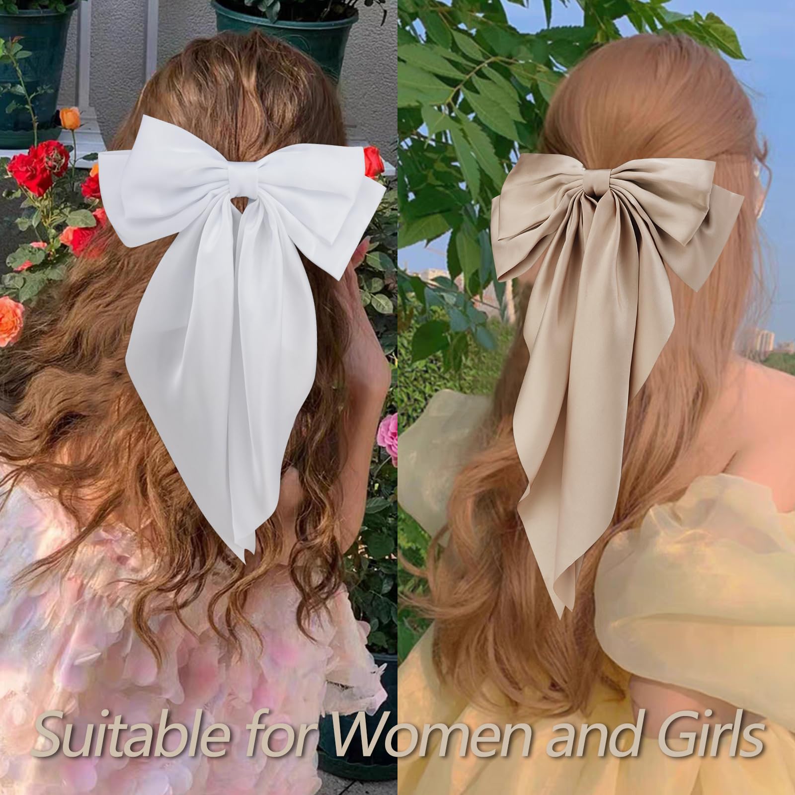 3Pcs Women's Hair Bows Set - White, Black & Khaki Oversized Satin Hair Accessories with Long Tails, Barrettes & Clips | Perfect Gift for Girls, Teens & Women | Great for Weddings, Parties & Daily Styling