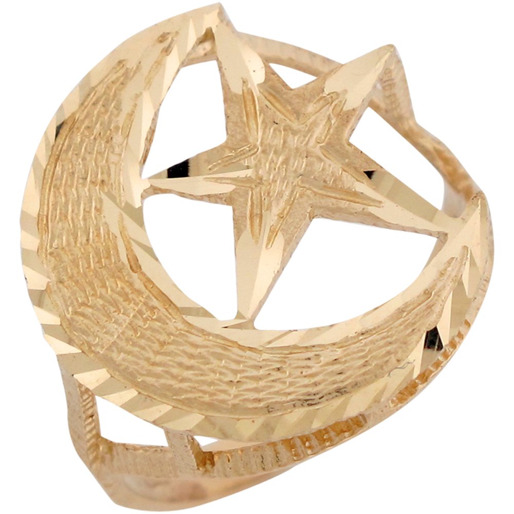 10K Yellow Gold Diamond-Cut Crescent Moon & Star Islamic Men's Ring - Jewelry Liquidation Sale - Perfect for Gifts, Weddings & Religious Ceremonies