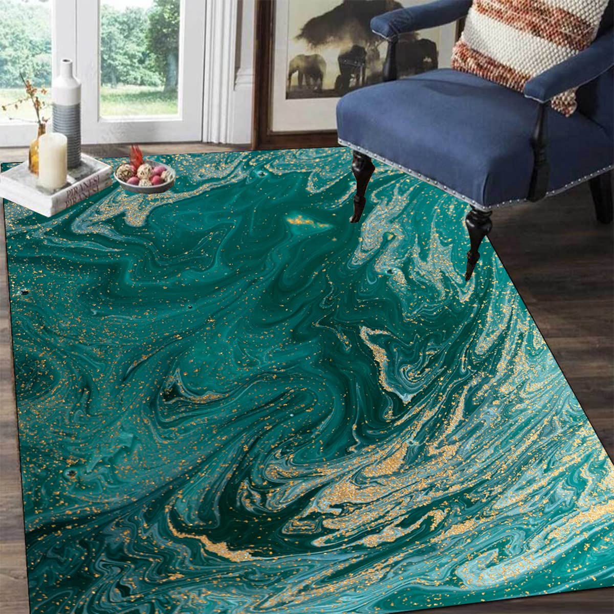 Rustic Green Gold Abstract Modern Area Rug 8x10 - Boho Chic Soft Washable Carpet for Living Room, Bedroom & Home Office - Durable Accent Rug Under Dining Table - Perfect for Bohemian Decor & Cozy Spaces