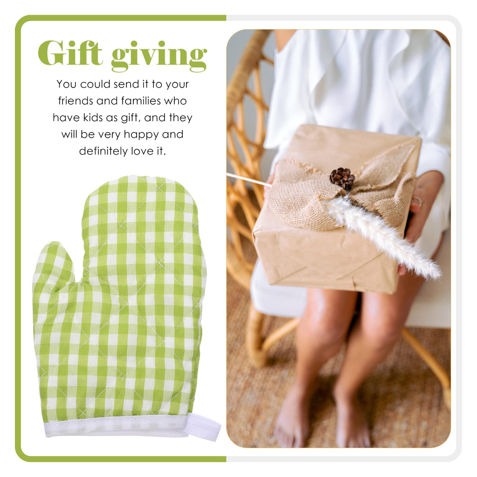 2Pcs Heat-Resistant Oven Mitts for Kids Play Kitchen - Anti-Scald Microwave & Baking Gloves for Safe Cooking (Green Checkered) - Perfect for Pretend Play & Real Kitchen Safety