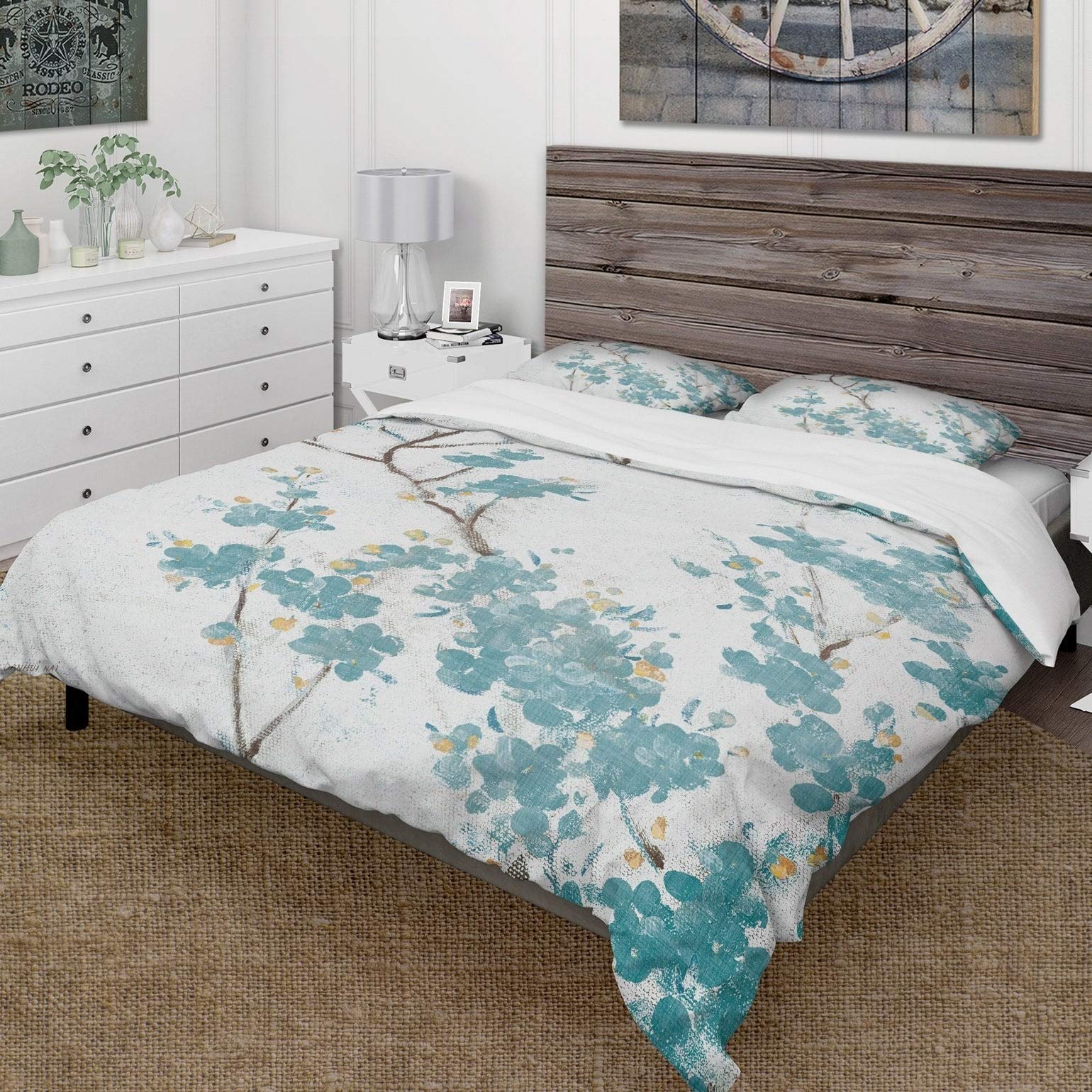 Designart 'Teal Cherry Blossoms II' Farmhouse Style King Size Bedding Set - 3 Piece Duvet Cover with 2 Shams (Comforter Not Included) | Japanese Floral Decor for Master Bedroom, Guest Room & Cozy Farmhouse Aesthetic
