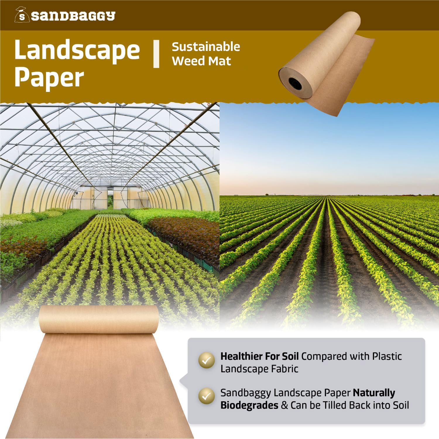 Sandbaggy Biodegradable Landscape Fabric - Eco-Friendly Weed Barrier for Gardens, 5 ft x 50 ft Paper Mulch Roll - Perfect for Vegetable Beds, Flower Gardens & Sustainable Landscaping