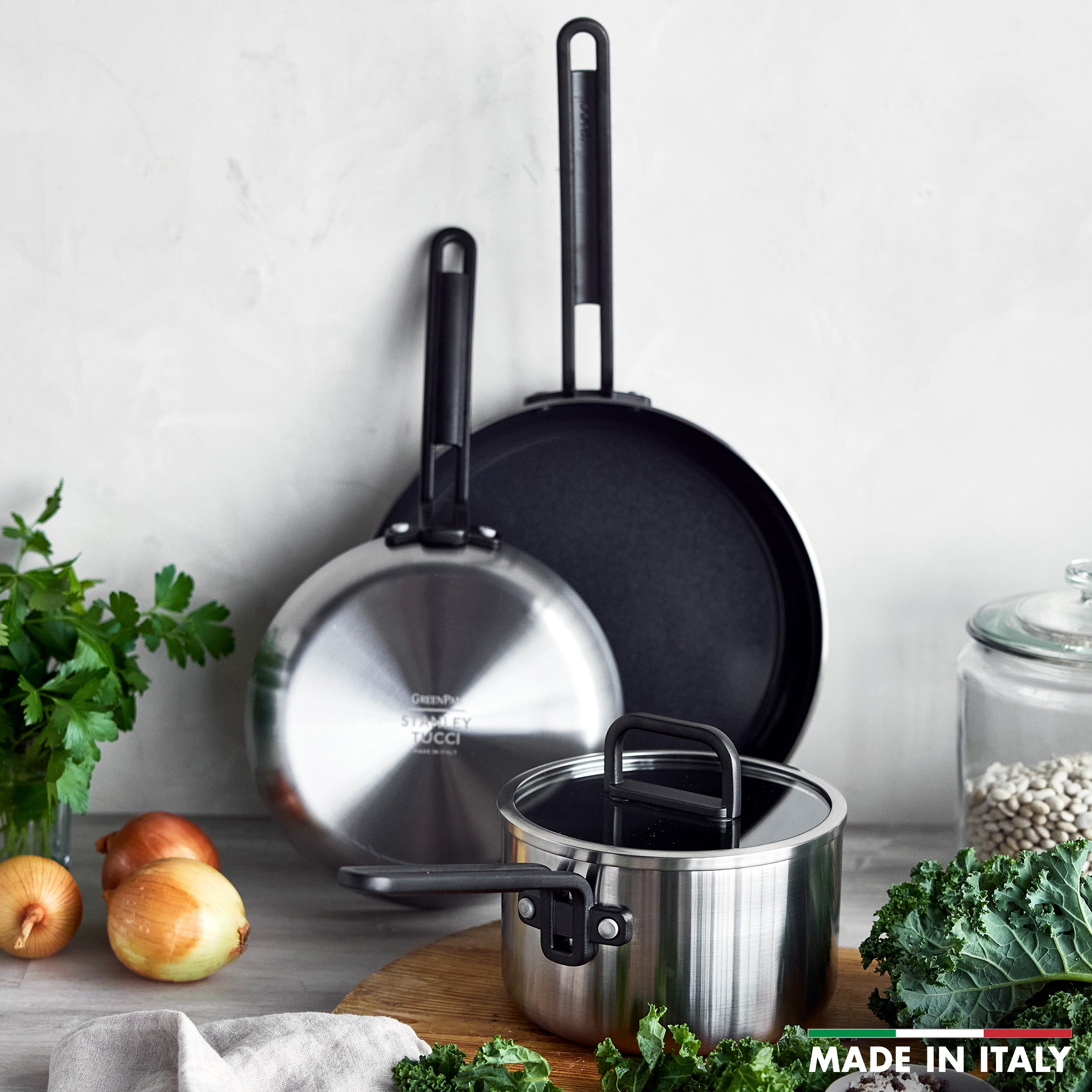Stanley Tucci™ 4-Piece Nonstick Cookware Set - Stainless Steel & Ceramic Coating, Black Handles | Includes The Tucci Cookbook | Perfect for Home Cooking, Gifts & Kitchen Upgrades