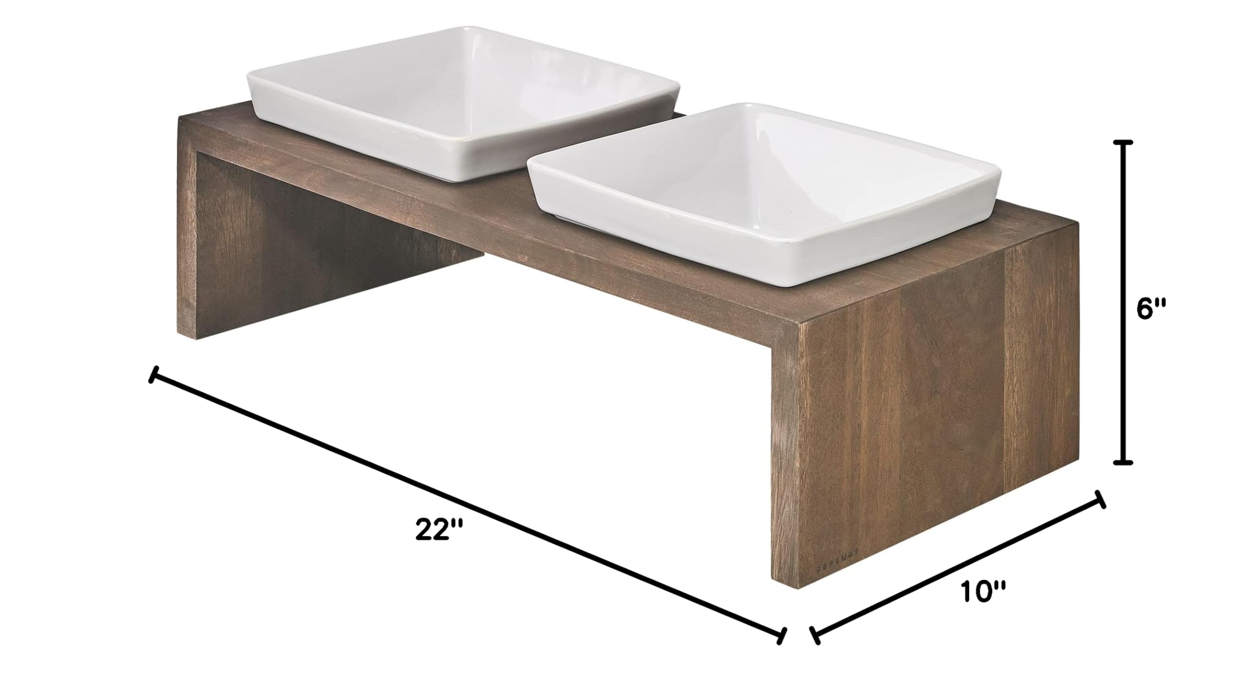 Bowsers Artisan Diner Double Dog Feeder - Handcrafted Rubberwood Frame with Square Ceramic Bowls for Medium Dogs - Walnut, 22