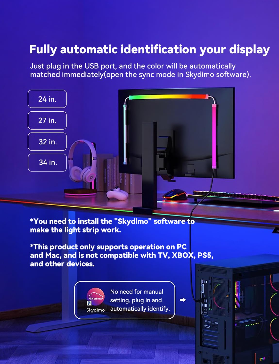 RGB LED Monitor Backlight Strip - Sync with Screen Colors & Music, USB-Powered Computer Light Bar for Gaming Desks, Software Control, G100 (27-inch) - Perfect for Gaming Setups, Home Office & Entertainment Rooms
