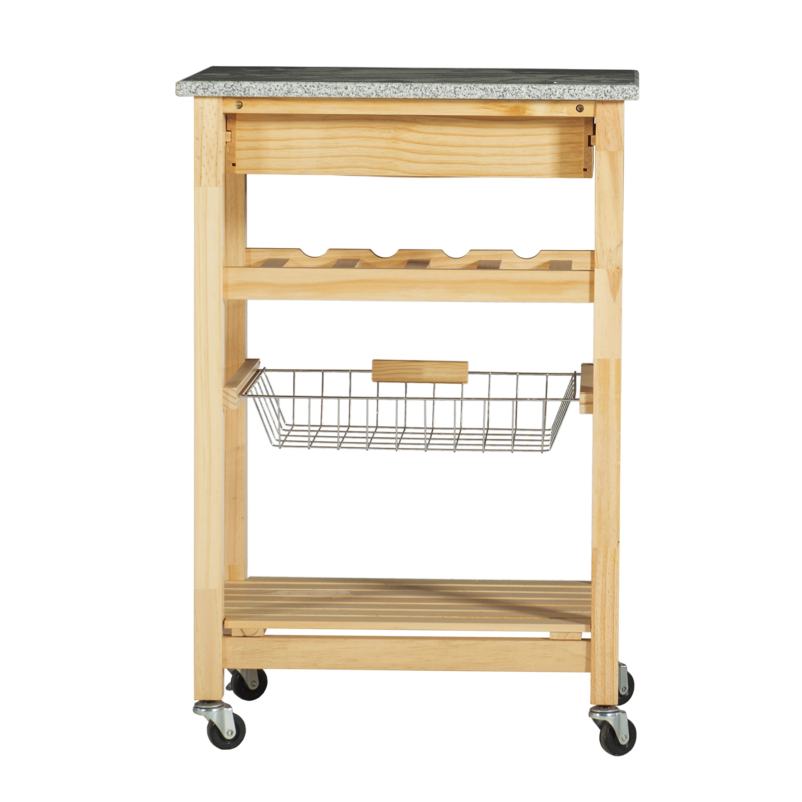 Linon Mila Natural Granite Kitchen Island with Storage Basket & Wheels - Mobile Kitchen Cart for Small Spaces, Food Prep & Extra Counter Space