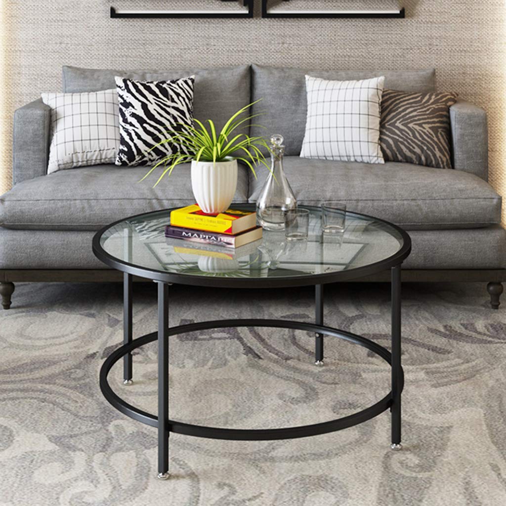Modern Round Glass Coffee Table with Wrought Iron Frame - Living Room Center Table, Sofa Side Table - Easy Assembly (31.5