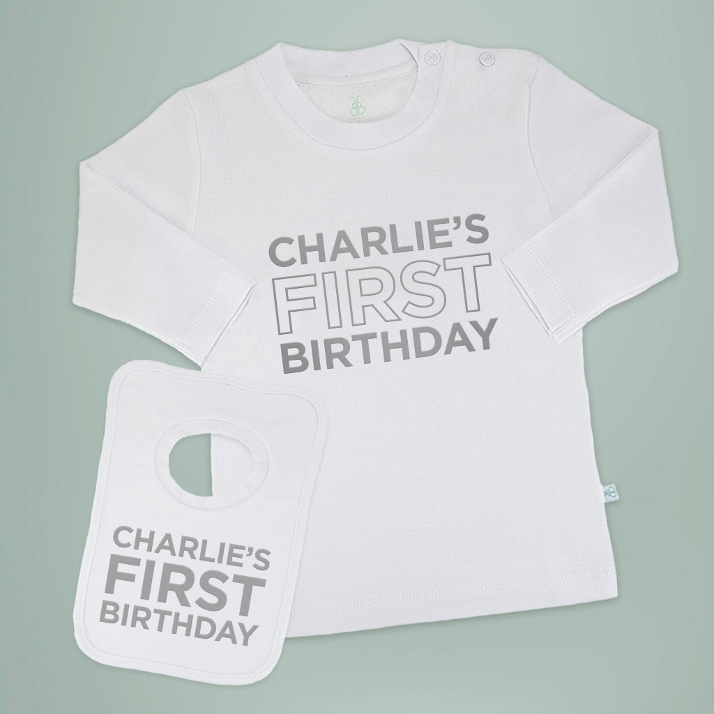 Personalized My First Birthday Long Sleeve T-Shirt and Bib Set - Baby Boy/Girl Gift for 1st Birthday Party, Photo Shoot & Milestone Celebration