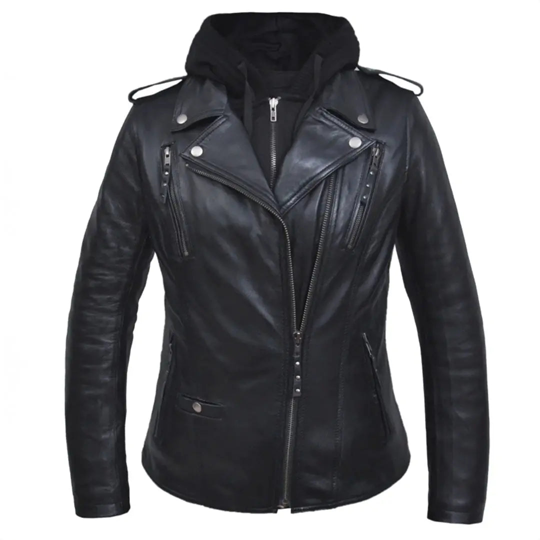Open Road Women's Hooded Classic Leather Motorcycle Jacket - Stylish Biker Jacket for Riding & Casual Wear - Perfect for Motorcycle Enthusiasts & Fashion Lovers