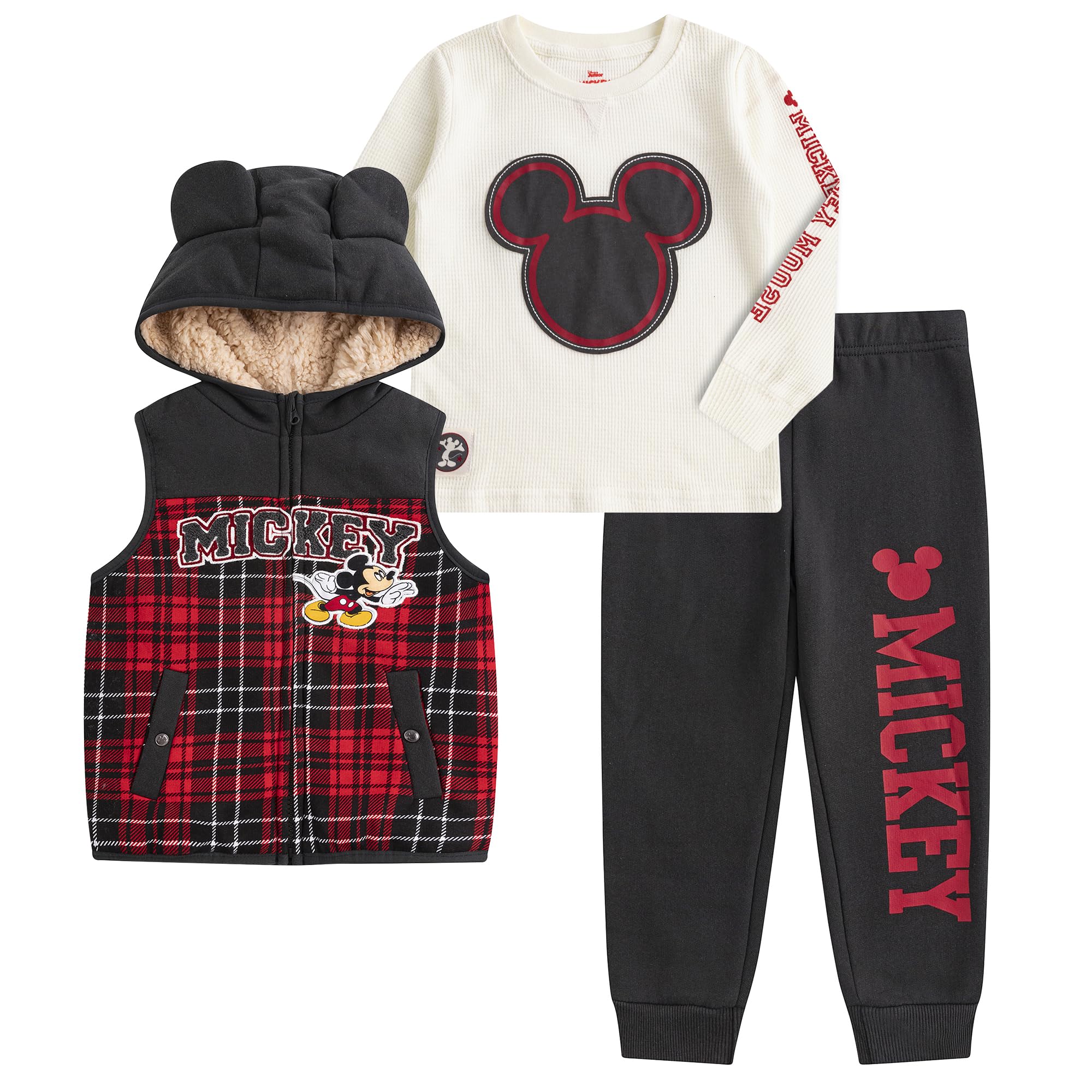 Disney Mickey Mouse Boys Sherpa Lined Hooded Vest, Fleece Pants & Waffle Knit Crewneck Top 3-Piece Winter Outfit Set for Toddlers - Warm Cozy Playwear for Indoor & Outdoor Activities